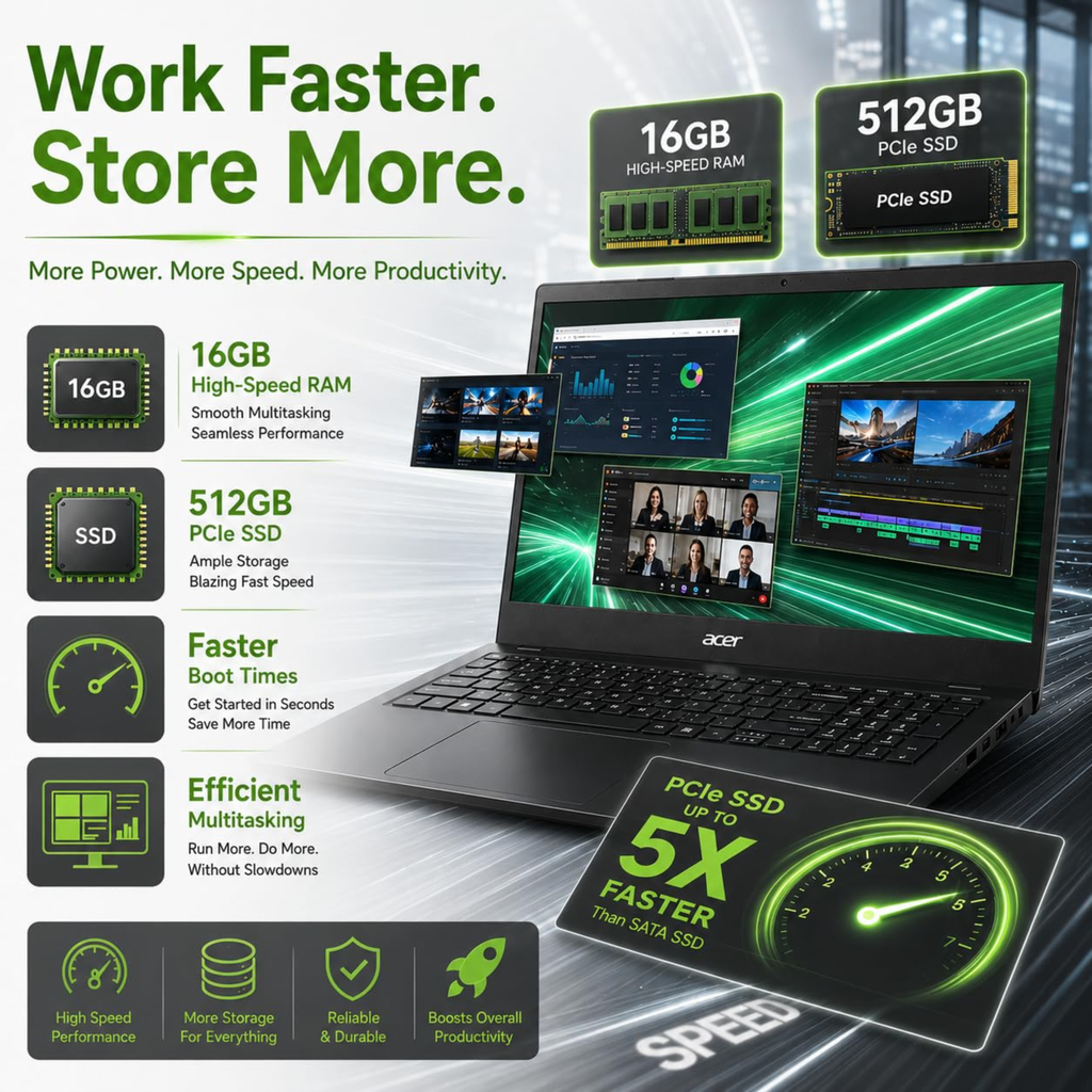 Acer TravelLite TL05 15.6" FHD Smart Laptop - AMD Ryzen 7 7730U, 16GB RAM, 512GB SSD, Radeon Graphics, Windows 11, MS Office 2024 Lifetime, 3 Year Warranty (Black)