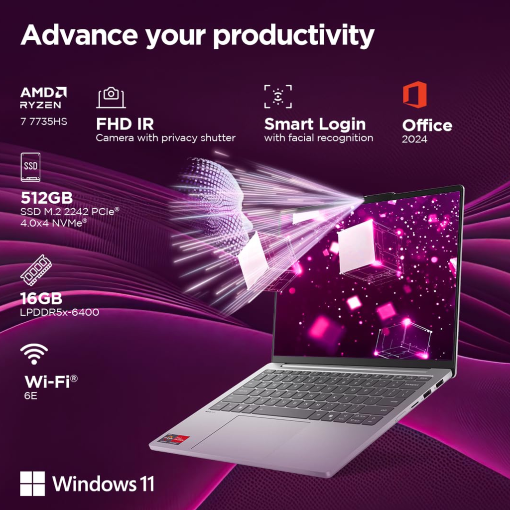 Lenovo IdeaPad Slim 5 13.3" WUXGA IPS Ultra-Light Laptop - AMD Ryzen 7 7735HS, 16GB RAM, 512GB SSD, Radeon 680M Graphics, Backlit KB, Win 11, Office Home 2024 (Grey, 1.15kg, 83J2000HIN)