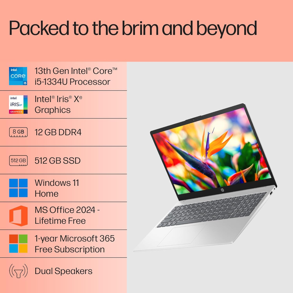 HP 15 15.6" FHD Laptop - 13th Gen Intel Core i5-1334U, Intel Iris Xe Graphics, 16GB DDR4 RAM, 512GB SSD, FHD Camera with Privacy Shutter, Windows 11 Home, MS Office 2024 (Natural Silver, 1.59kg, fd0577TU)