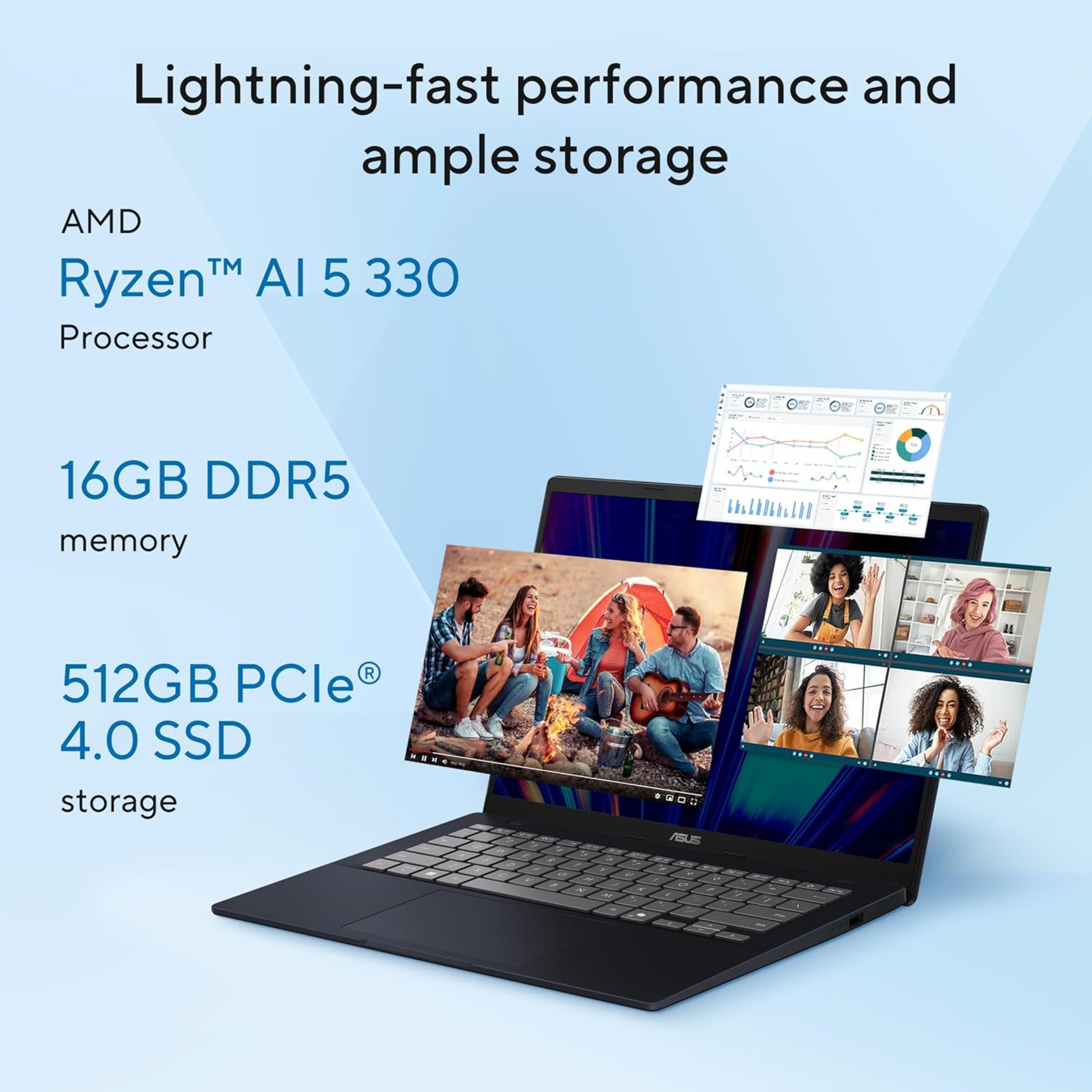 ASUS Vivobook 14" FHD+ Copilot+ AI PC - AMD Ryzen AI 5 330U (50 TOPs), 16GB RAM, 512GB SSD, Windows 11, Office 2024, Type-C Fast Charge (Quiet Blue, 1.46kg, M1407KA-LY132WS)