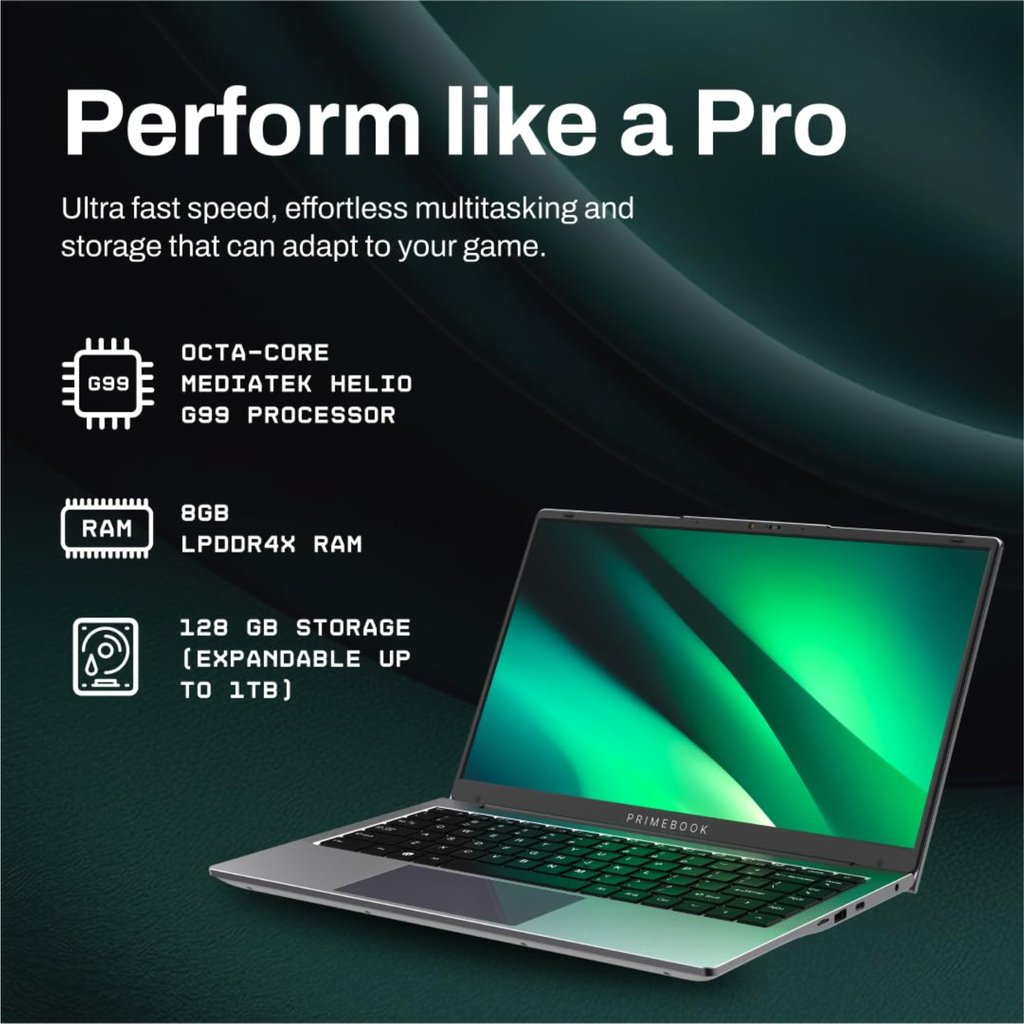 Primebook 2 Pro (2026) 14.1" FHD IPS Laptop - MediaTek Helio G99, 8GB RAM, 128GB UFS Storage, Android 15 (PrimeOS 3.0), Backlit Keyboard, in-Built AI (Gray)