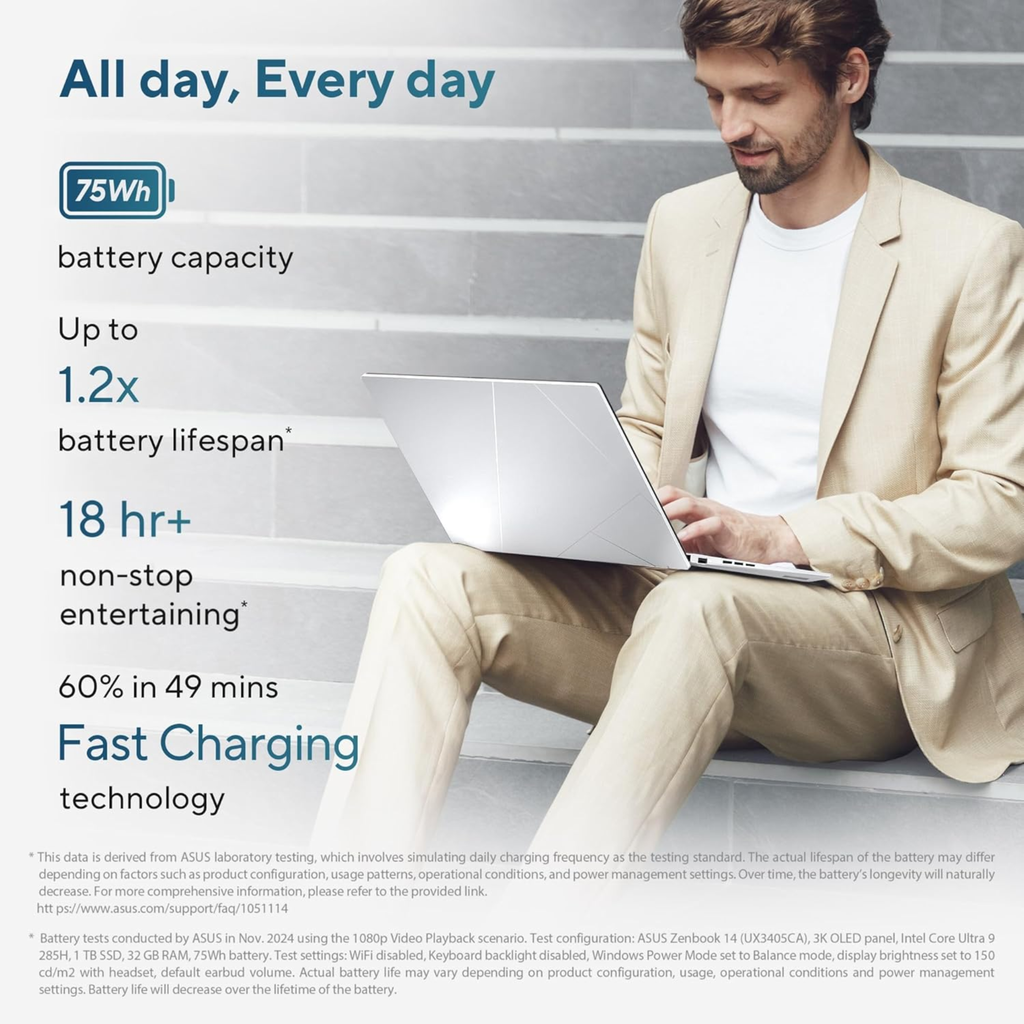 ASUS Zenbook 14 (2026) 14.0" OLED Touchscreen Laptop - Intel Core Ultra 9 285H, 32GB RAM, 1TB SSD, Copilot+ PC, Windows 11 Home, Office 2024 & Microsoft 365 Basic (Foggy Silver, 1.28kg, UX3405CA-QL1113WS)