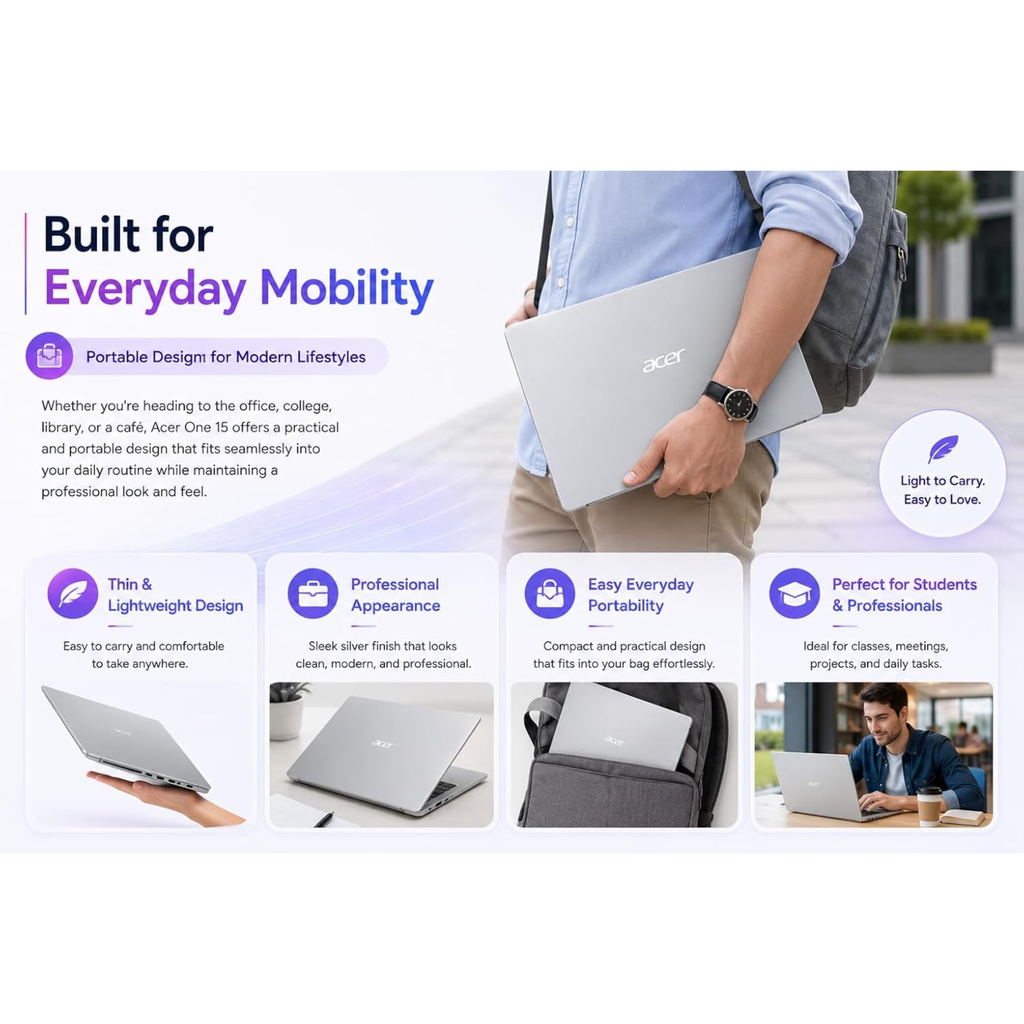 Acer One 15 15.6" FHD IPS Laptop - AMD Ryzen 3 7320U, 8GB LPDDR5 RAM, 512GB NVMe SSD, Windows 11 Home, HD Webcam, Long Battery Life (AO15-41M-G2)