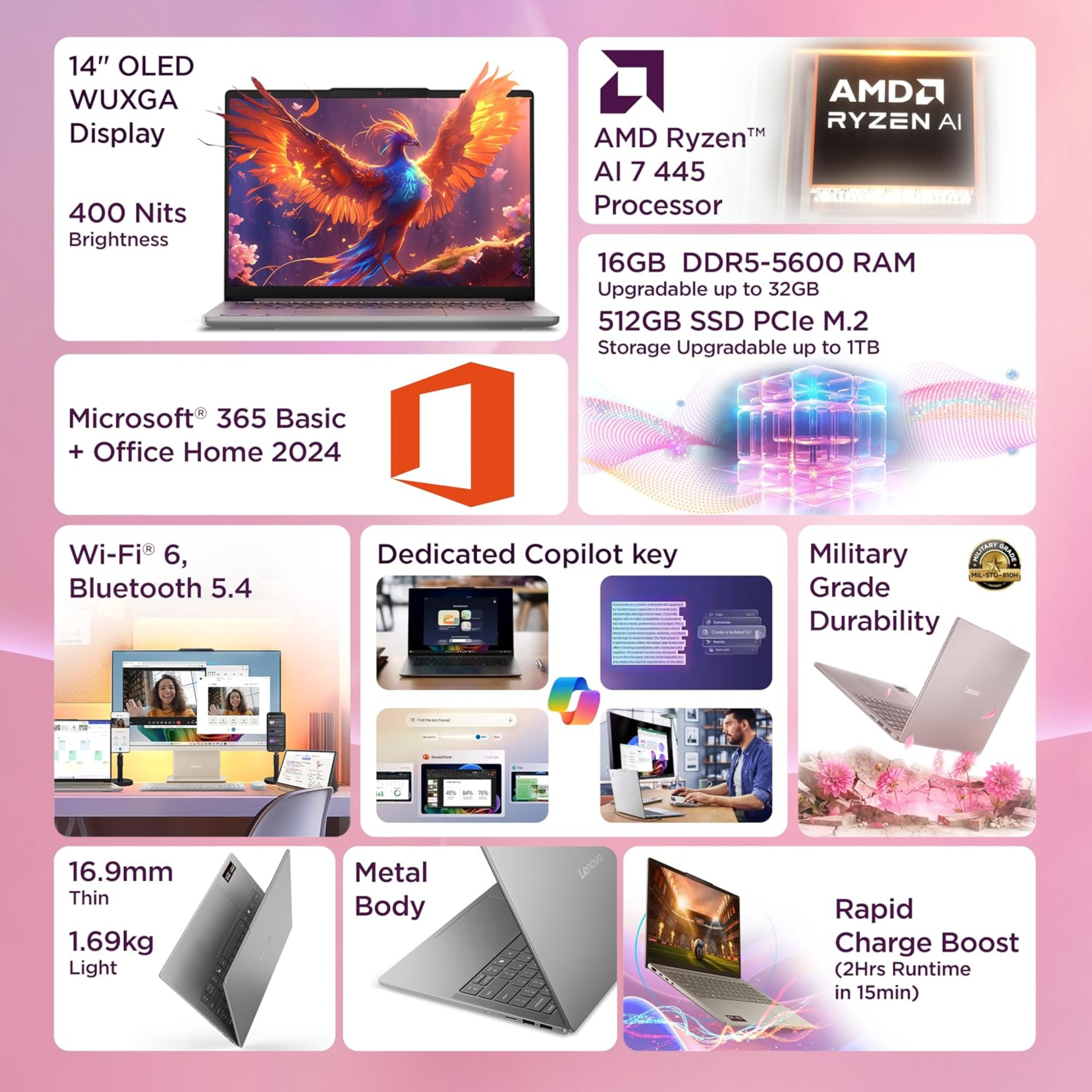 Lenovo IdeaPad Slim 5 16" WUXGA OLED Copilot+ AI PC Laptop - AMD Ryzen AI 7 365, 16GB RAM, 512GB SSD, Windows 11, MSO 365 Basic + Office 2024, 1Yr ADP Free (Grey, 1.4kg, 83S2005SIN)