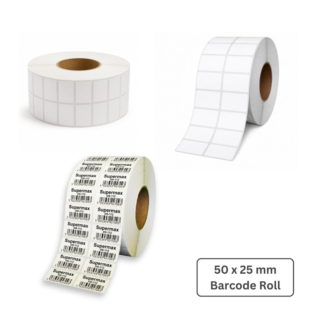 50x25mm Barcode Label Roll | 2000 Labels Per Roll | 2 Ups Chromo Paper Sticker | Self Adhesive Labels for POS, Retail & Shipping