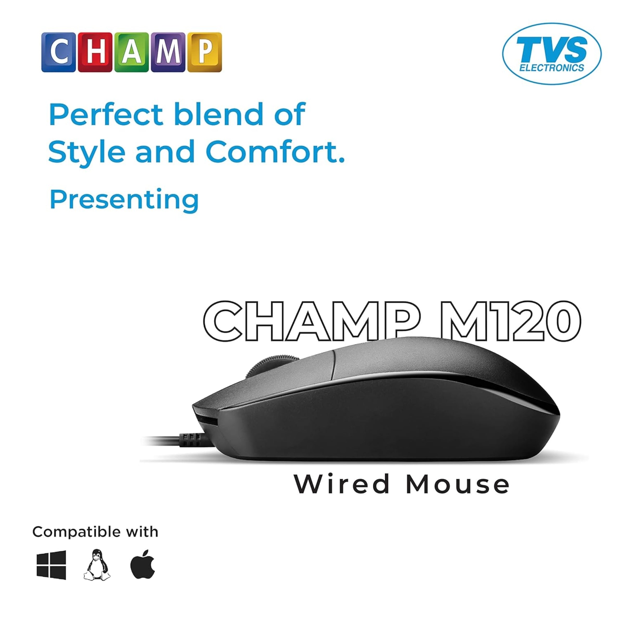 TVS Electronics M120 Wired Optical Mouse | 1200 DPI High-Precision Tracking | 5 Million Clicks Durability | Ergonomic Ambidextrous Design | 1.5m Durable USB Cable for PC & Laptop (Black)