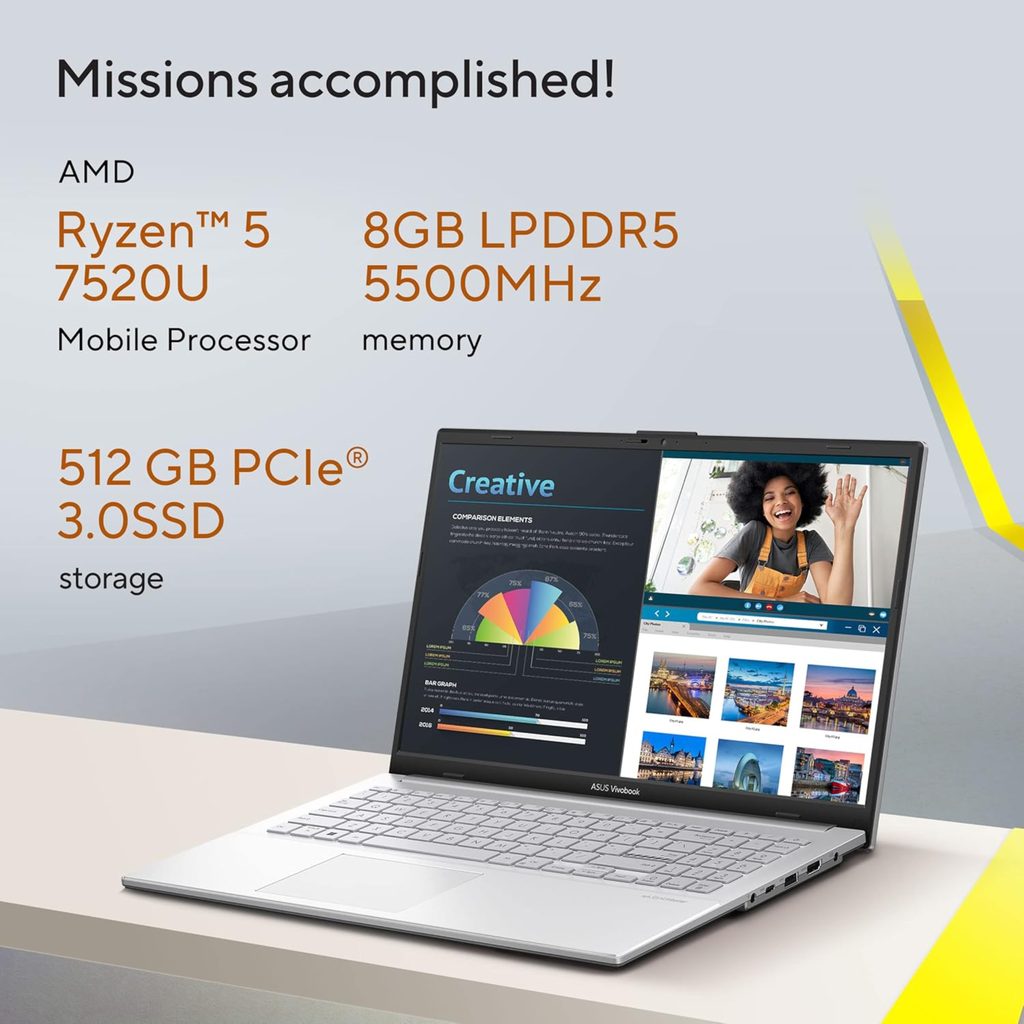 ASUS Vivobook Go 15 15.6" Full HD Thin & Light Laptop - AMD Ryzen 5 7520U, AMD Radeon Graphics, 8GB RAM, 512GB SSD, Windows 11 Home, Office Home 2024 & Microsoft 365 Basic (Cool Silver, 1.63kg, E1504FA-NJ132WS)