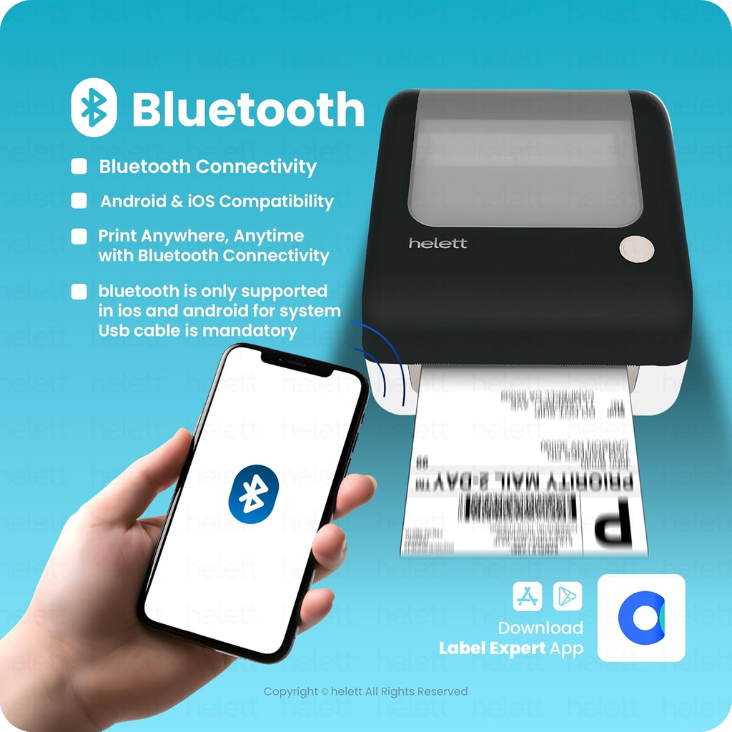 Helett H30CPro Wireless Thermal Label Printer (Bluetooth + USB) - Inbuilt Paper Holder, 4x6 Shipping & Barcode Labels, 203 DPI, 152mm/s Speed, Windows & Mac Compatible