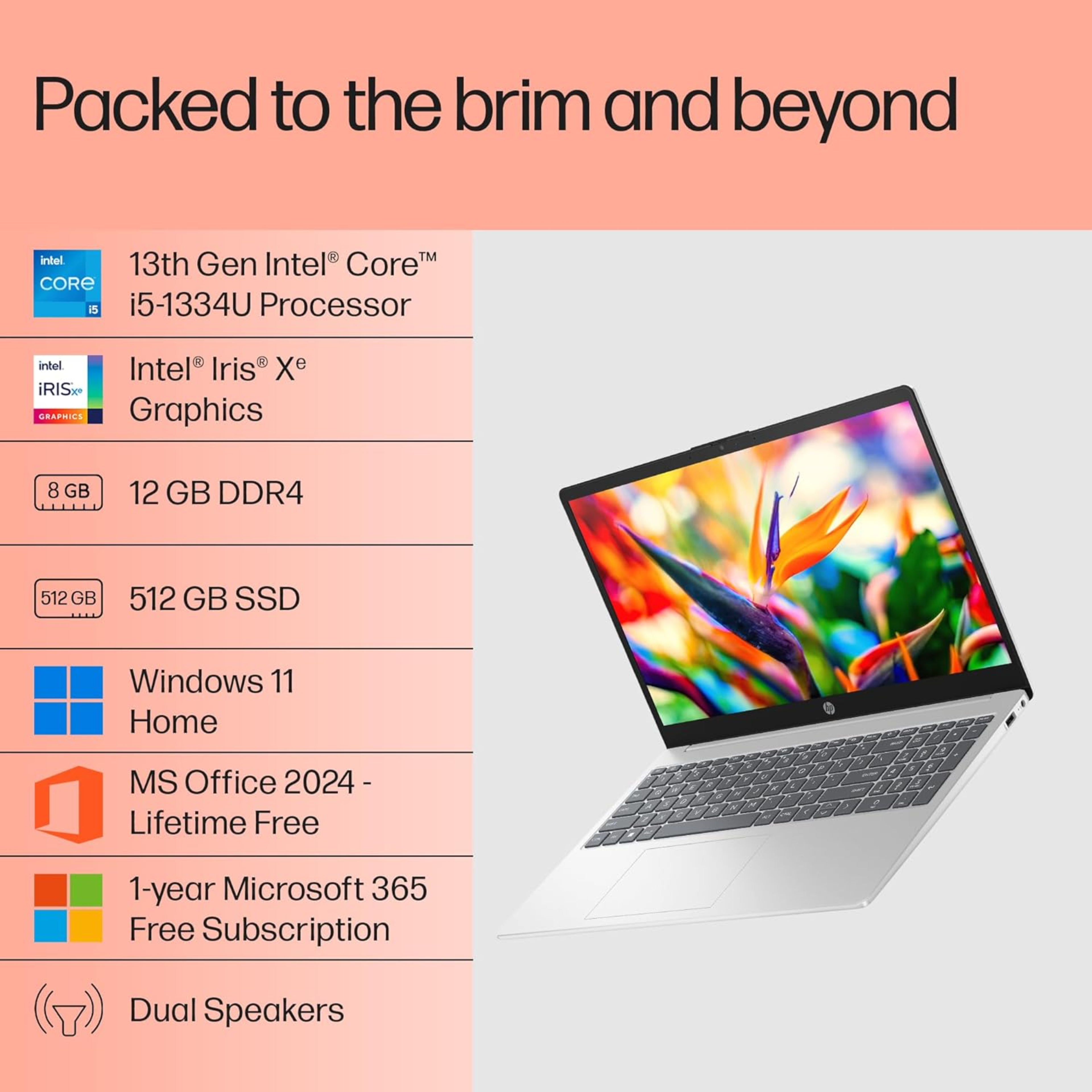 HP Laptop 15 15.6" FHD Thin & Light Laptop - Intel Core i5 13th Gen 1334U, Intel Iris Xe Graphics, 12GB DDR4 RAM, 512GB SSD, FHD Camera with Privacy Shutter, Windows 11, MS Office 2024 (Silver, 1.59kg, fd0575TU)
