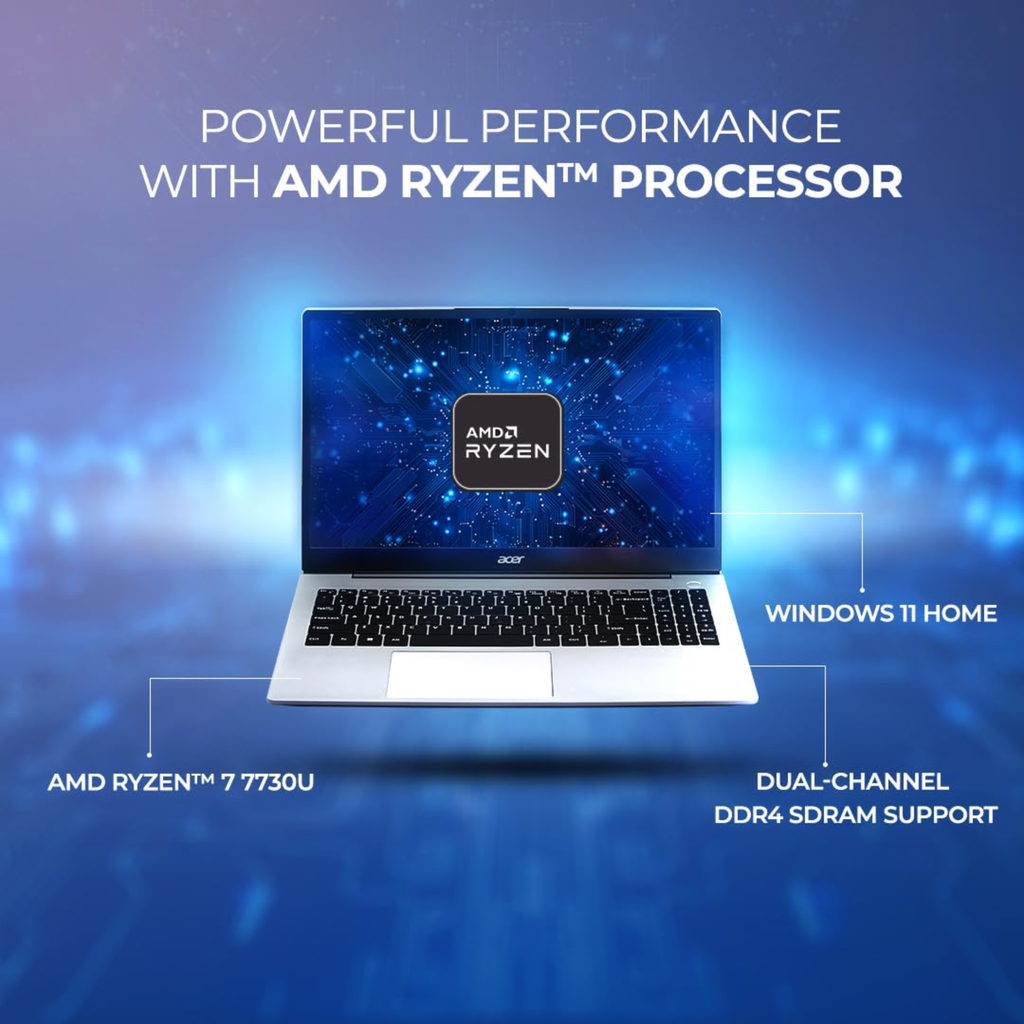 Acer Aspire 15.6" FHD Laptop - AMD Ryzen 7-7730U, 16GB RAM, 512GB SSD, Windows 11 Home, Backlit Keyboard, 180° Hinge, 55Wh Battery (Pure Silver, 1.79kg, AS15-42)