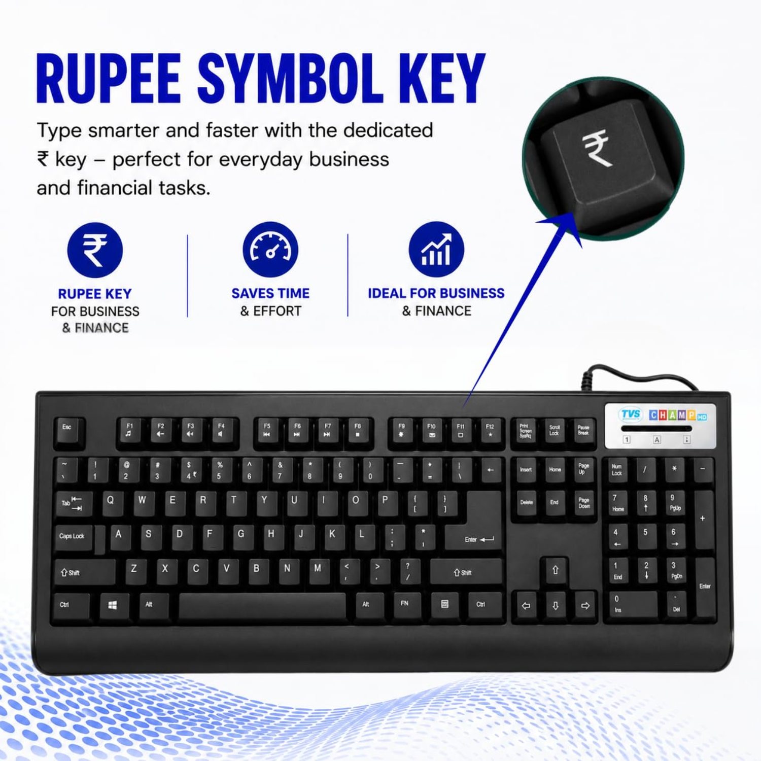 TVS Champ USB Membrane Wired Keyboard - Ergonomic 104-Key Full Layout, Spill-Resistant, Laser Etched Keys (Black)