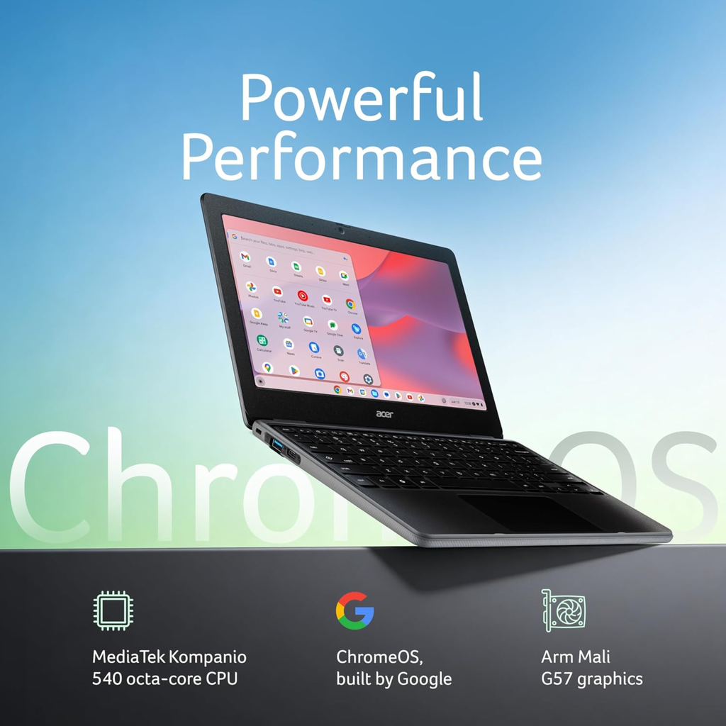 Acer Chromebook 11.6" FHD Laptop - MediaTek Kompanio 540 Octa-Core Processor, 4GB RAM, 64GB eMMC, Chrome OS, WiFi 6E, ARM Mali G57 Graphics (Black, 1.2kg, C725)