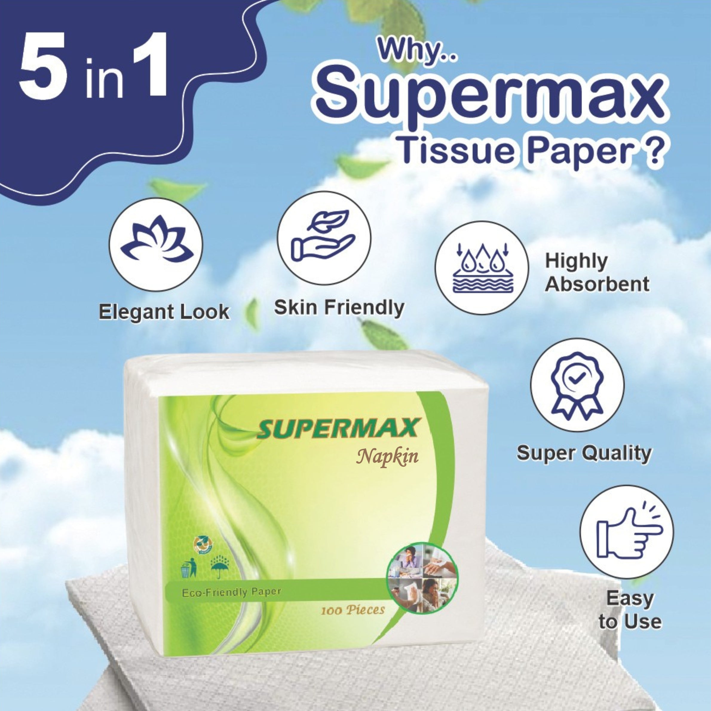SUPERMAX Premium 2 Ply Tissue Paper Napkins | 50 Pcs | Soft, Absorbent Disposable Napkins for Home, Office & Restaurant