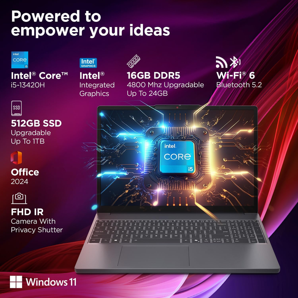 Lenovo IdeaPad Slim 3 15.3" WUXGA IPS Laptop - Intel Core i5 13420H 13th Gen, 8GB RAM, 512GB SSD, Win 11, MS Office 2024, FHD IR Camera, Metal A Cover (Grey, 1.37kg, 83K100CAIN)