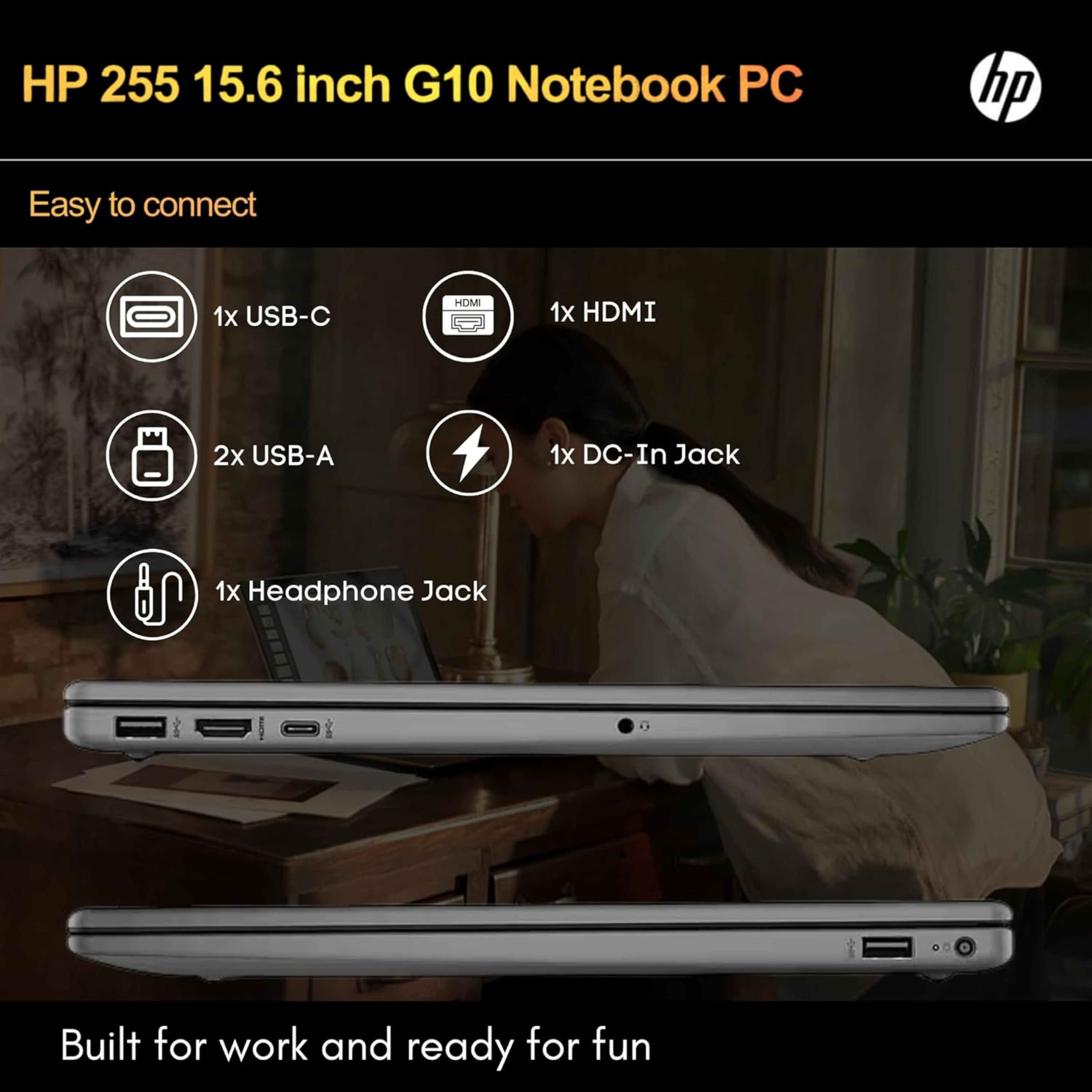 HP 255 G10 15.6" Full HD Laptop - AMD Ryzen 3 Quad Core 7335U, AMD Radeon Graphics, 16GB DDR5 RAM, 512GB SSD, USB-C, HDMI (Dark Ash Silver, 1.52kg)