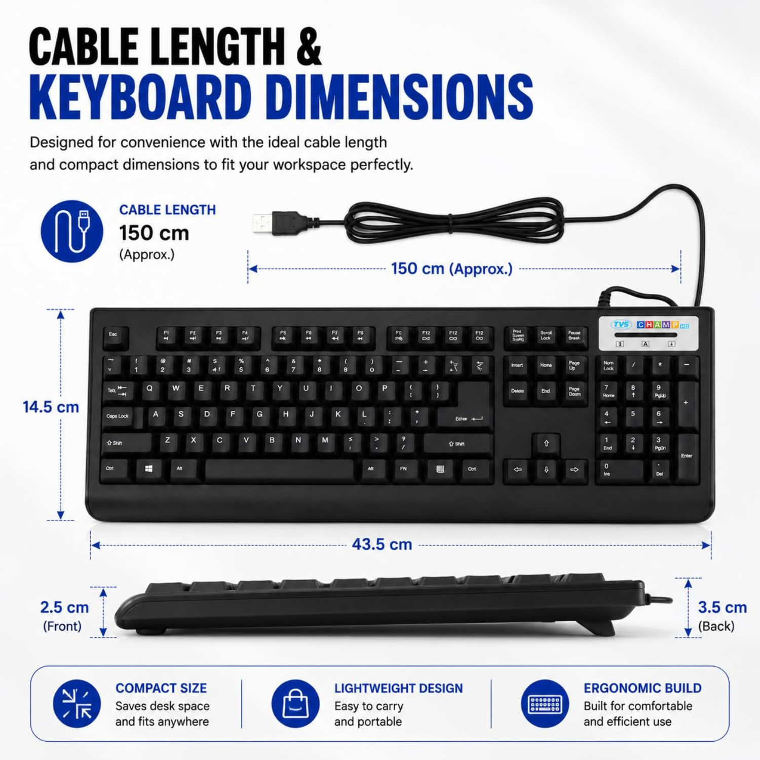 TVS Champ USB Membrane Wired Keyboard - Ergonomic 104-Key Full Layout, Spill-Resistant, Laser Etched Keys (Black)