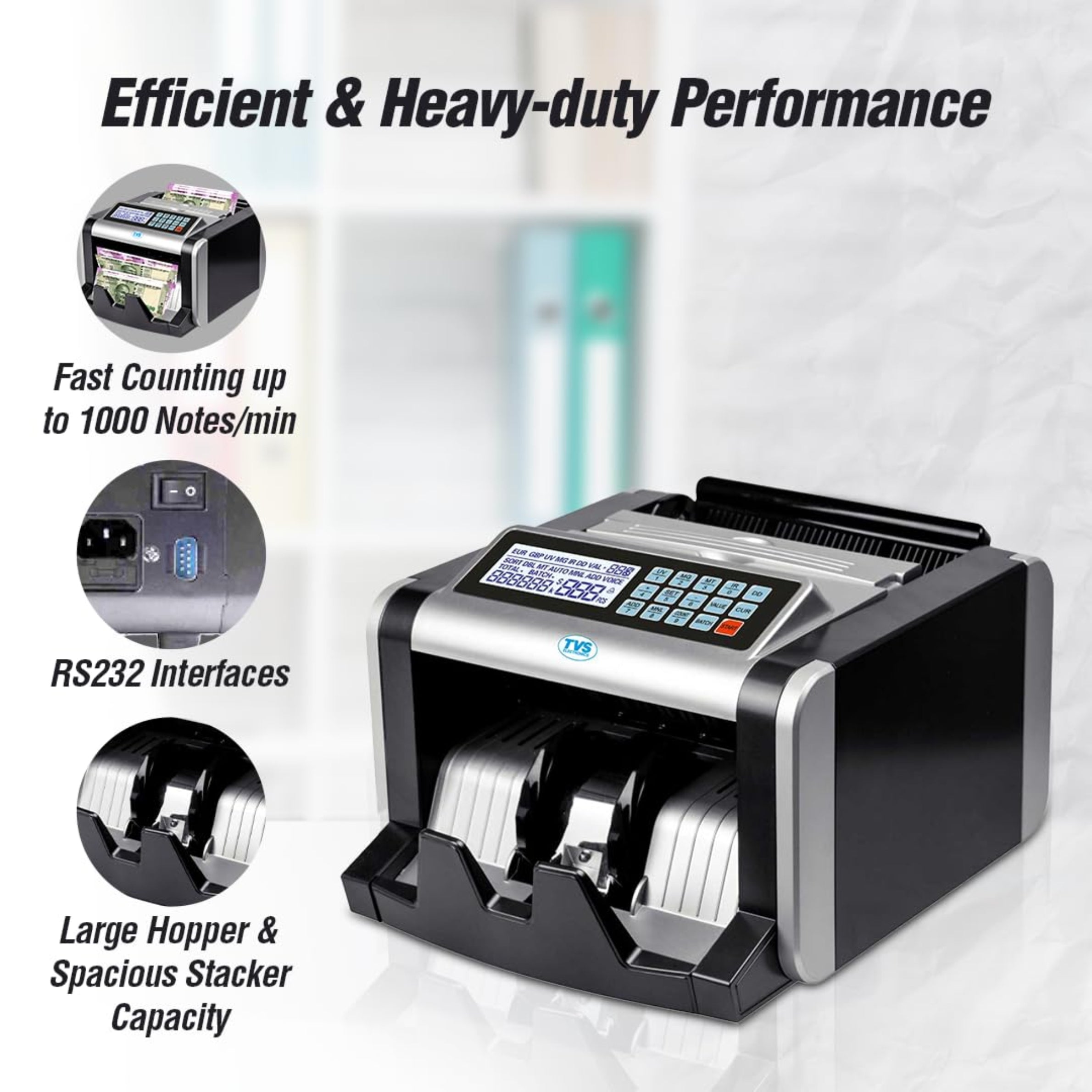 TVS Electronics CC-232 Classic Plus Cash Counting Machine with UV, MG, IR Fake Note Detection | 1000 Notes/Min High-Speed Currency Counter for Banks & Business
