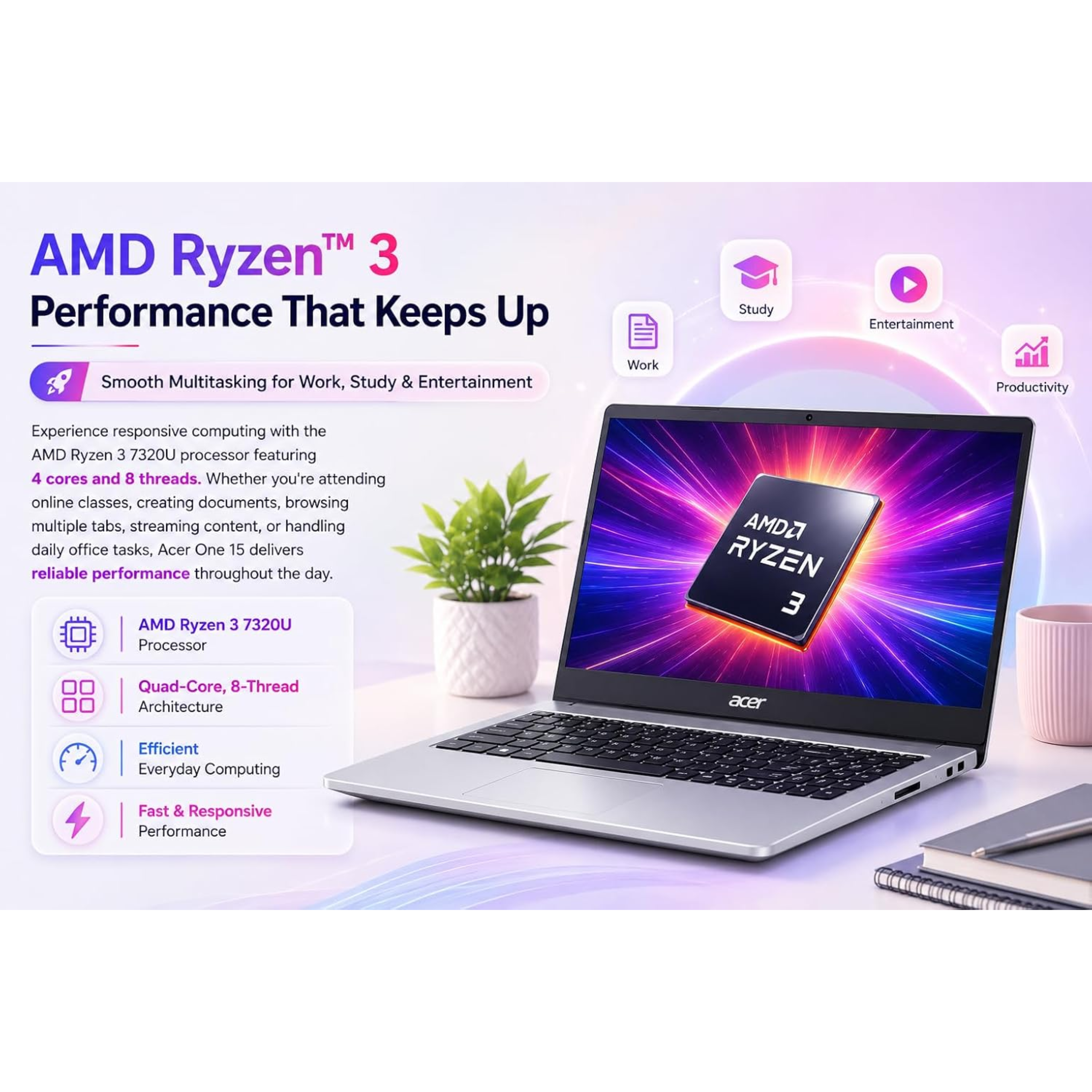 Acer One 15 15.6" FHD IPS Laptop - AMD Ryzen 3 7320U, 8GB LPDDR5 RAM, 512GB NVMe SSD, Windows 11 Home, HD Webcam, Long Battery Life (AO15-41M-G2)