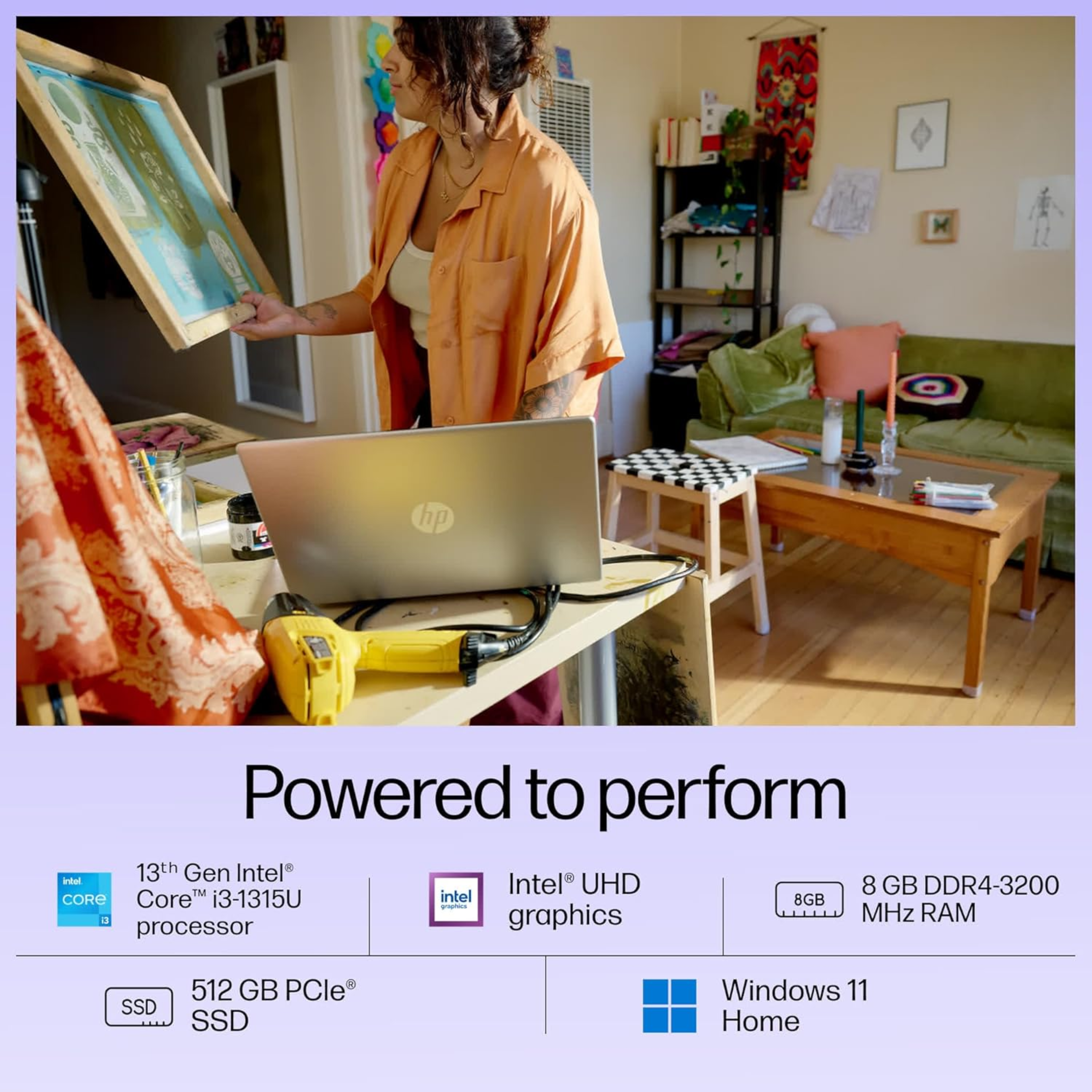 HP 15 Thin & Light Laptop 15.6" FHD Anti-Glare - 13th Gen Intel Core i3-1315U, 8GB DDR4, 512GB SSD, Intel UHD Graphics, 1080p FHD Camera, Win 11, MSO 21 (Natural Silver, 1.59kg, 15-fd0465TU)