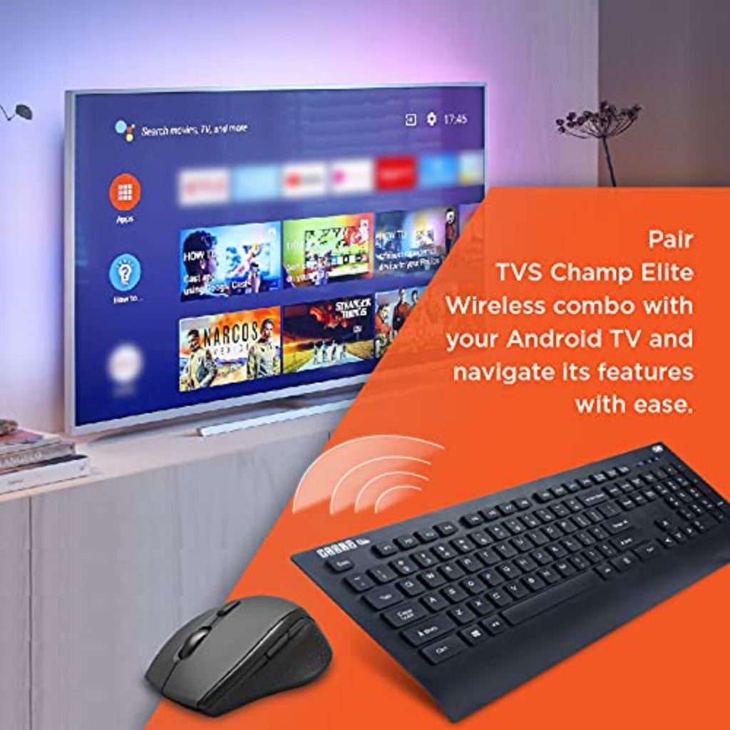 TVS Electronics Champ Elite Wireless Keyboard and Mouse Combo | 10 Million Keystrokes | 1600 DPI Optical Tracking | 10m Wireless Range | UV Coated Abrasion Resistant Keys | Long Battery Life (Black)