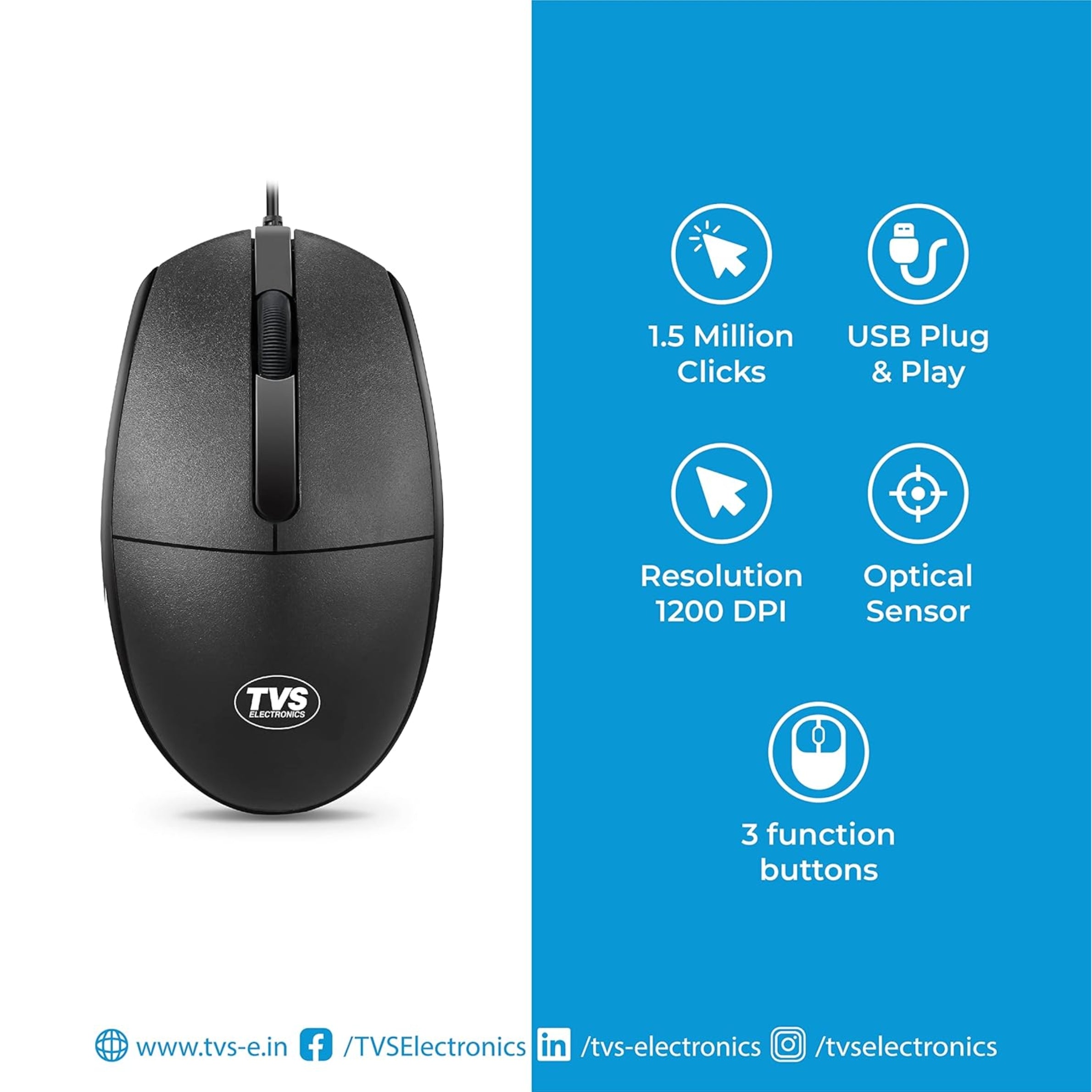 TVS Electronics M120 Wired Optical Mouse | 1200 DPI High-Precision Tracking | 5 Million Clicks Durability | Ergonomic Ambidextrous Design | 1.5m Durable USB Cable for PC & Laptop (Black)