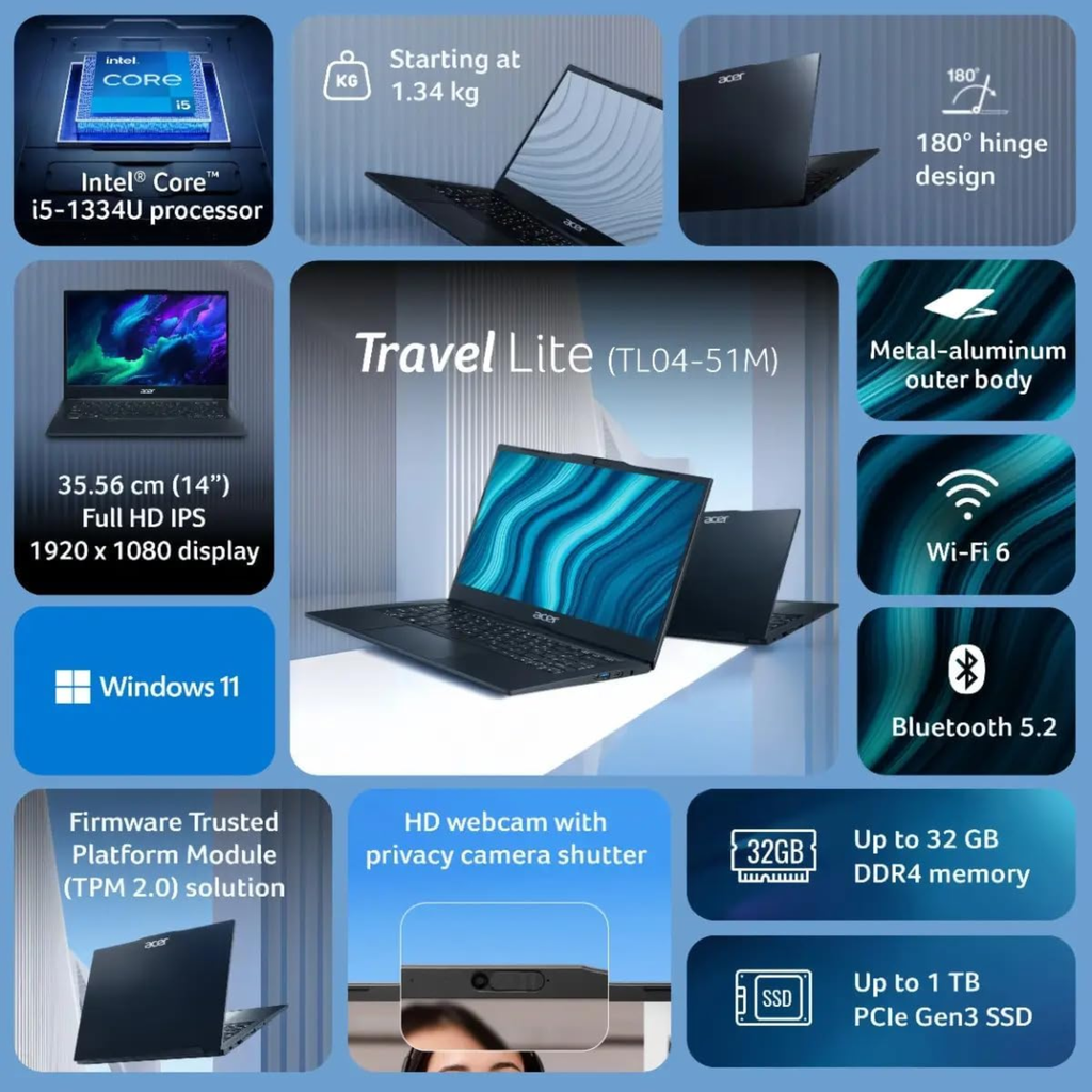 Acer TravelLite Smart 14" FHD Laptop - 13th Gen Intel Core i5-1334U (8 Core), 8GB RAM, 512GB NVMe SSD, Intel Iris Xe Graphics, Win 11, 3 Year Brand Warranty (TL04-51M)