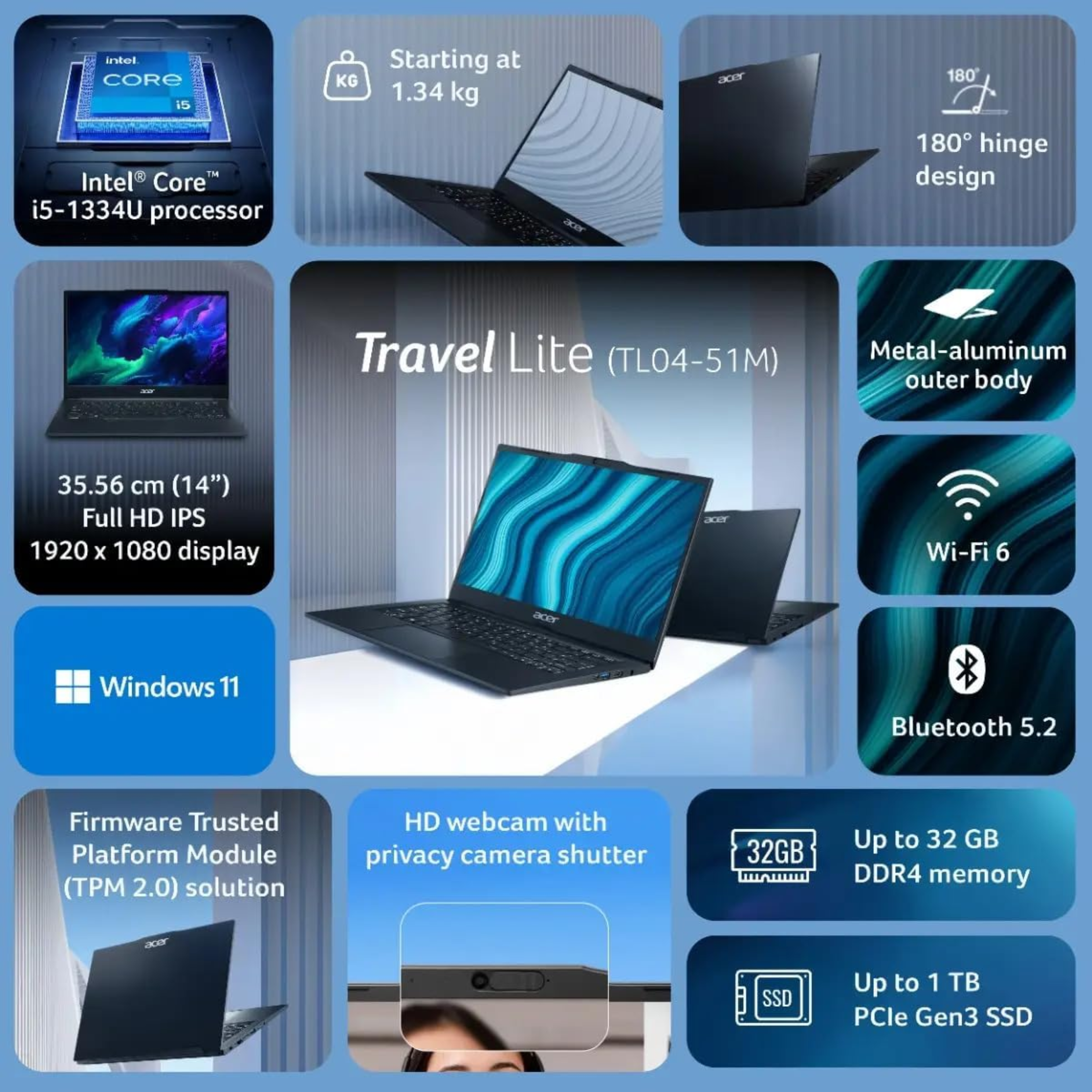 Acer TravelLite Smart 14" FHD Laptop - 13th Gen Intel Core i5-1334U (8 Core), 8GB RAM, 512GB NVMe SSD, Intel Iris Xe Graphics, Win 11, 3 Year Brand Warranty (TL04-51M)