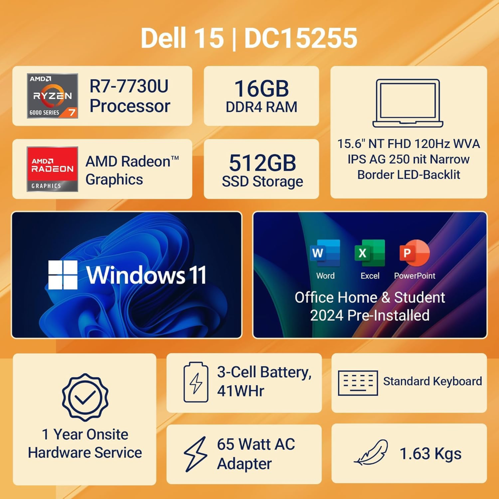 Dell 15 Thin and Light 15.6" FHD 120Hz Laptop - AMD Ryzen 7 7730U, Integrated AMD Radeon Graphics, 16GB RAM, 512GB SSD, Windows 11 Home, MS Office 2024 (Silver, 1.63kg)