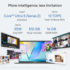 ASUS Vivobook S16 OLED Metallic Design 16.0" Laptop - Intel Core Ultra 5 225H, ASUS Lumina OLED Display, Intel iGPU, 16GB RAM, 512GB SSD, 70Whr Battery, Windows 11 Home, Office 2024 & Microsoft 365 Basic (Cool Silver, 1.70kg, S3607CA-SH071WS)
