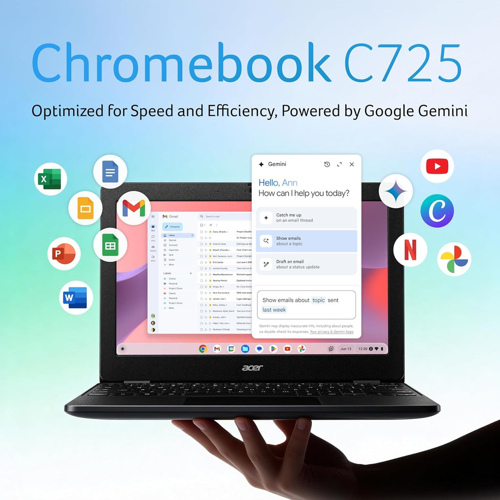 Acer Chromebook C725 - 11.6" Full HD Display, MediaTek Kompanio 540 Octa-Core, 4GB RAM, 64GB eMMC, Chrome OS, WiFi 6E | Ultra-Portable Light Laptop (Black)
