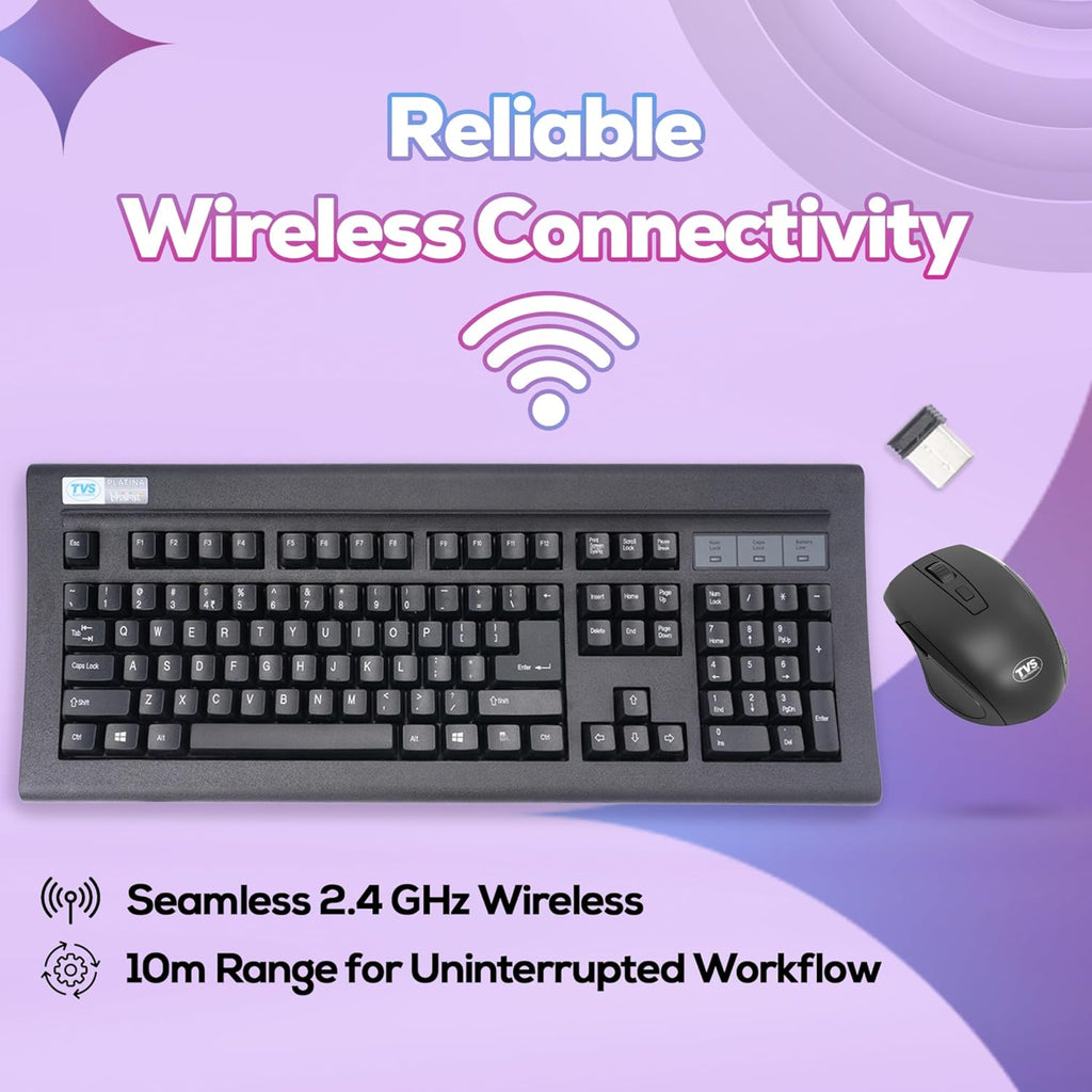 TVS Electronics Platina Wireless Mechanical Keyboard & Mouse Combo | 50 Million Keystrokes | 2.4GHz Wireless (10m Range) | Dustproof Mechanical Switches | Adjustable 1600 DPI Mouse | For Windows, Mac & Linux (Black)
