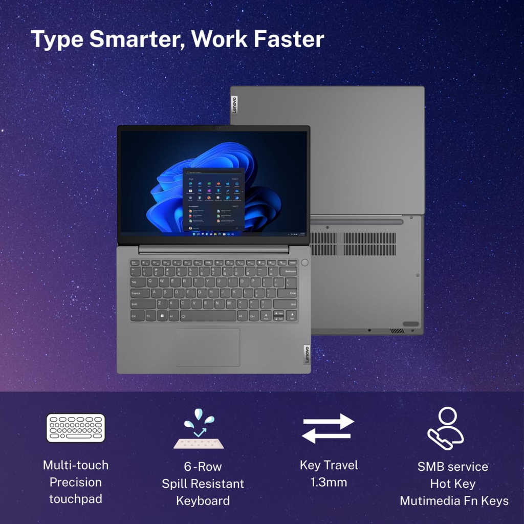 Lenovo V14 14" FHD Antiglare Laptop - Intel Core i3 13th Gen, 16GB RAM, 512GB SSD, Windows 11 Home, Office Home 2024 | Thin & Light Portable Business Laptop (Iron Grey, 83A0A0PCIN)