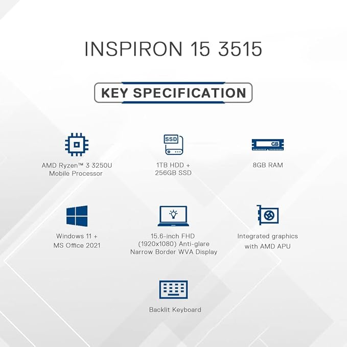 DELL INSPIRON ( D560703WIN9S)  3515 RYZEN3 3250U 8GB/256 GB   SSD 15.6" FHD BACKLIT KEYBOARD LAPTOP