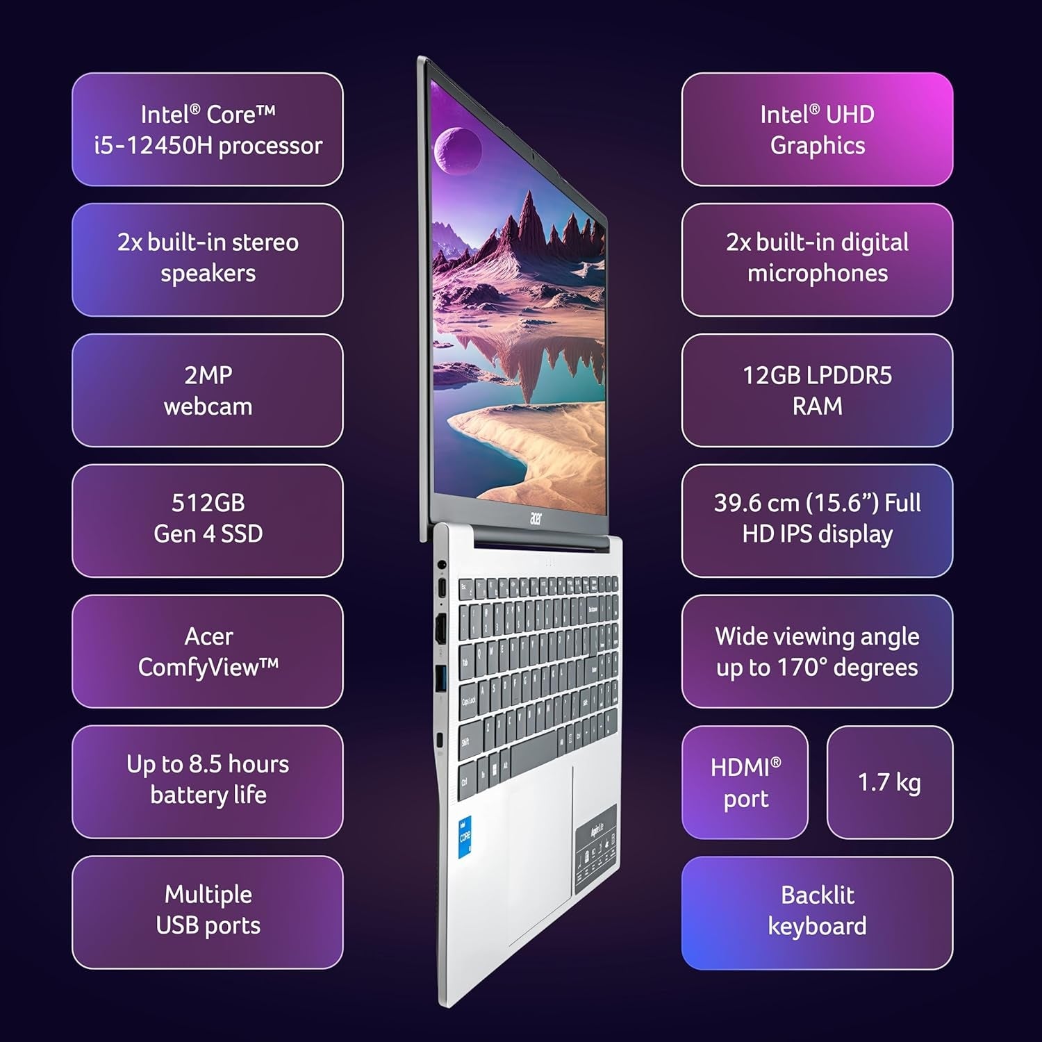 Acer Aspire Lite 12th Gen Laptop - 15.6" FHD IPS Display, Intel Core i5-12450H, 12GB RAM, 512GB SSD, Backlit KB, Win 11 Home | Thin & Light Laptop (Pure Silver)