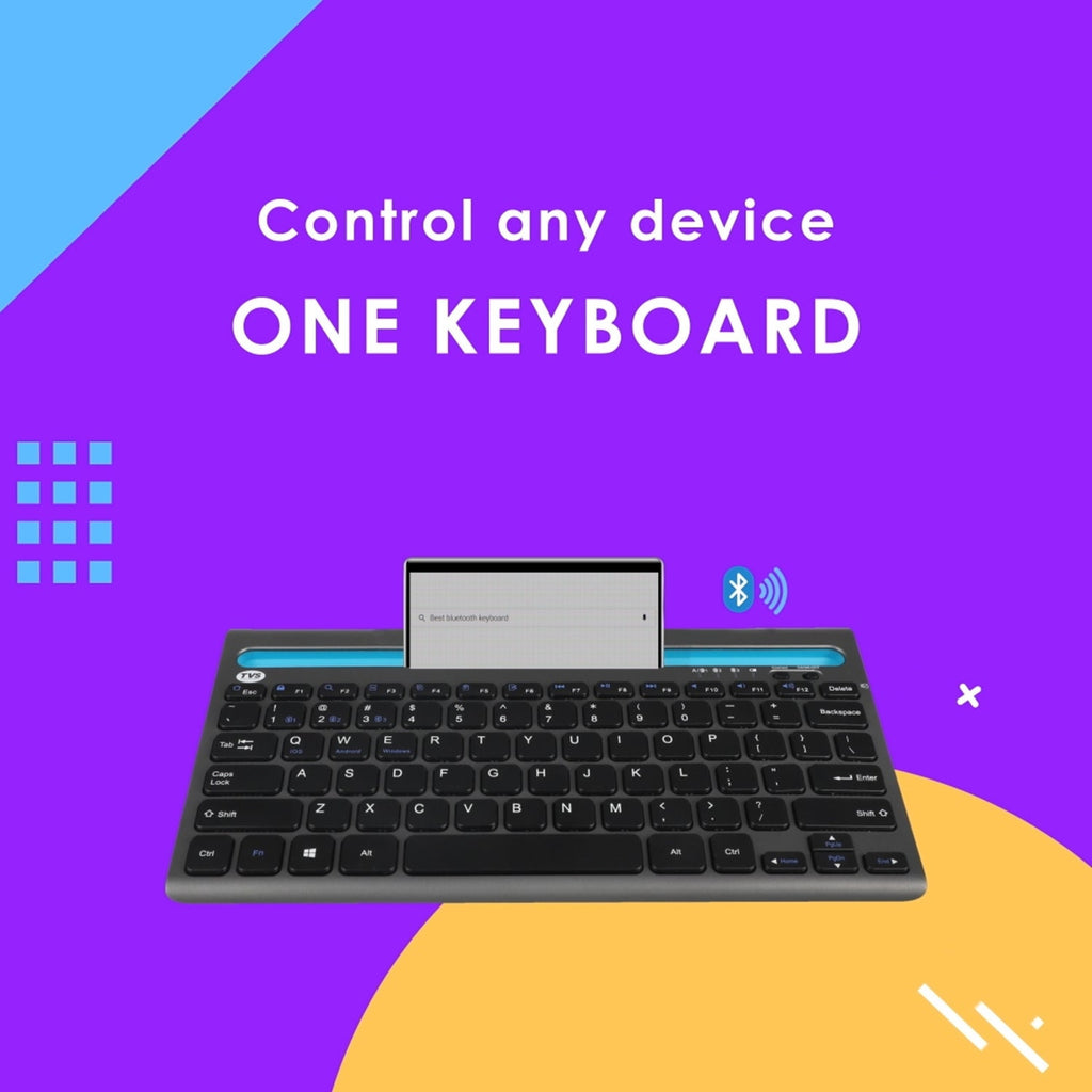 TVS Electronics Champ BK372 Multi-Device Wireless Bluetooth Keyboard | Connect Up to 3 Devices | Built-in Smartphone & Tablet Cradle | Rechargeable Battery | Slim Scissor Switch Keys for Windows, Mac, iOS & Android (Black)