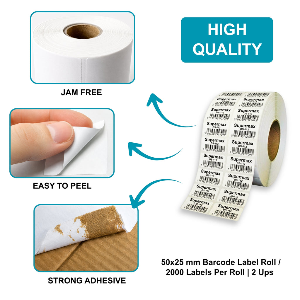 50x25mm Barcode Label Roll | 2000 Labels Per Roll | 2 Ups Chromo Paper Sticker | Self Adhesive Labels for POS, Retail & Shipping