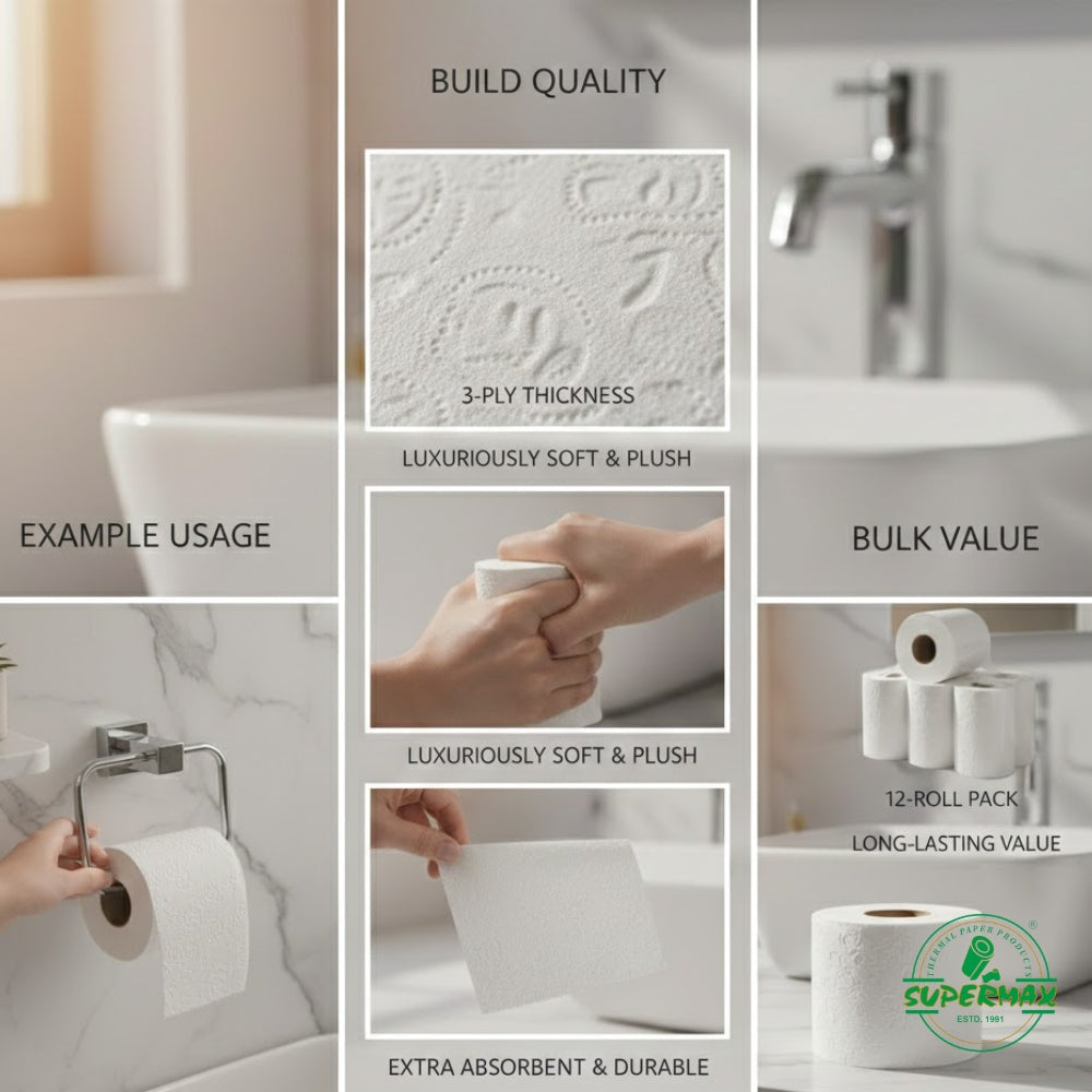 SUPERMAX Bathroom Tissue Roll 2 Ply 200 Gram | Thick & Strong | 10 Roll Combo Pack