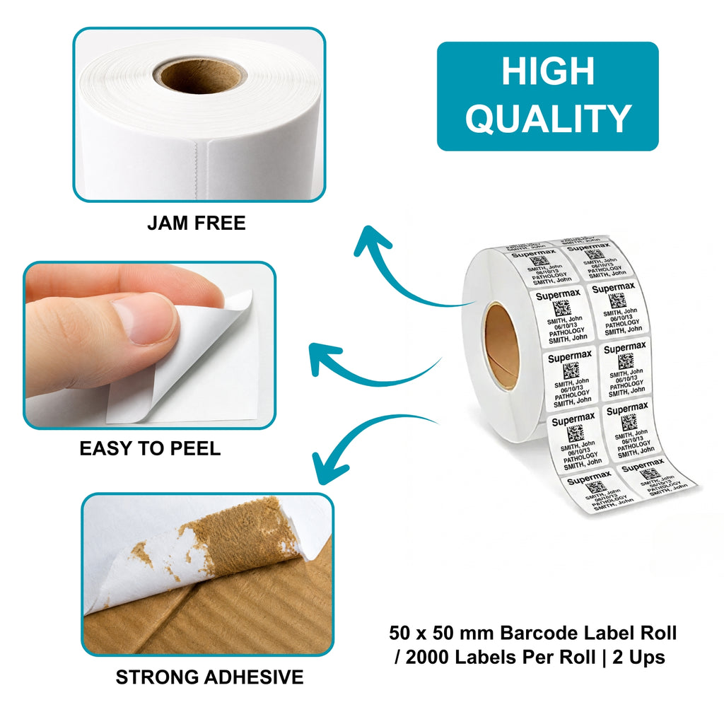 50x50mm Direct Thermal Barcode Label Roll | 1000 Labels Per Roll | 2 Ups DT Sticker | Self Adhesive Shipping, POS & Logistics Labels