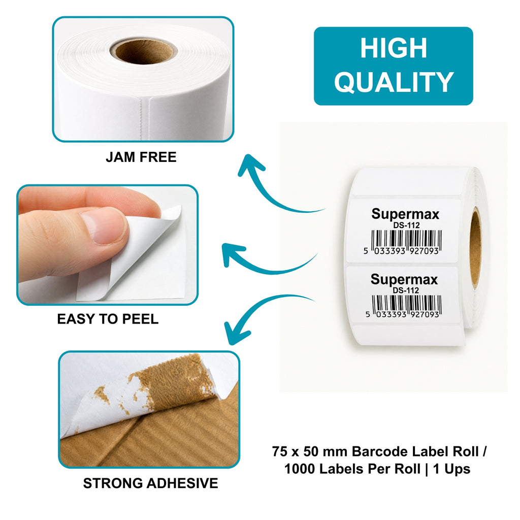 75x50mm Direct Thermal Barcode Label Roll | 1000 Labels Per Roll | 1 Up DT Sticker | Self Adhesive Shipping, Logistics & POS Labels