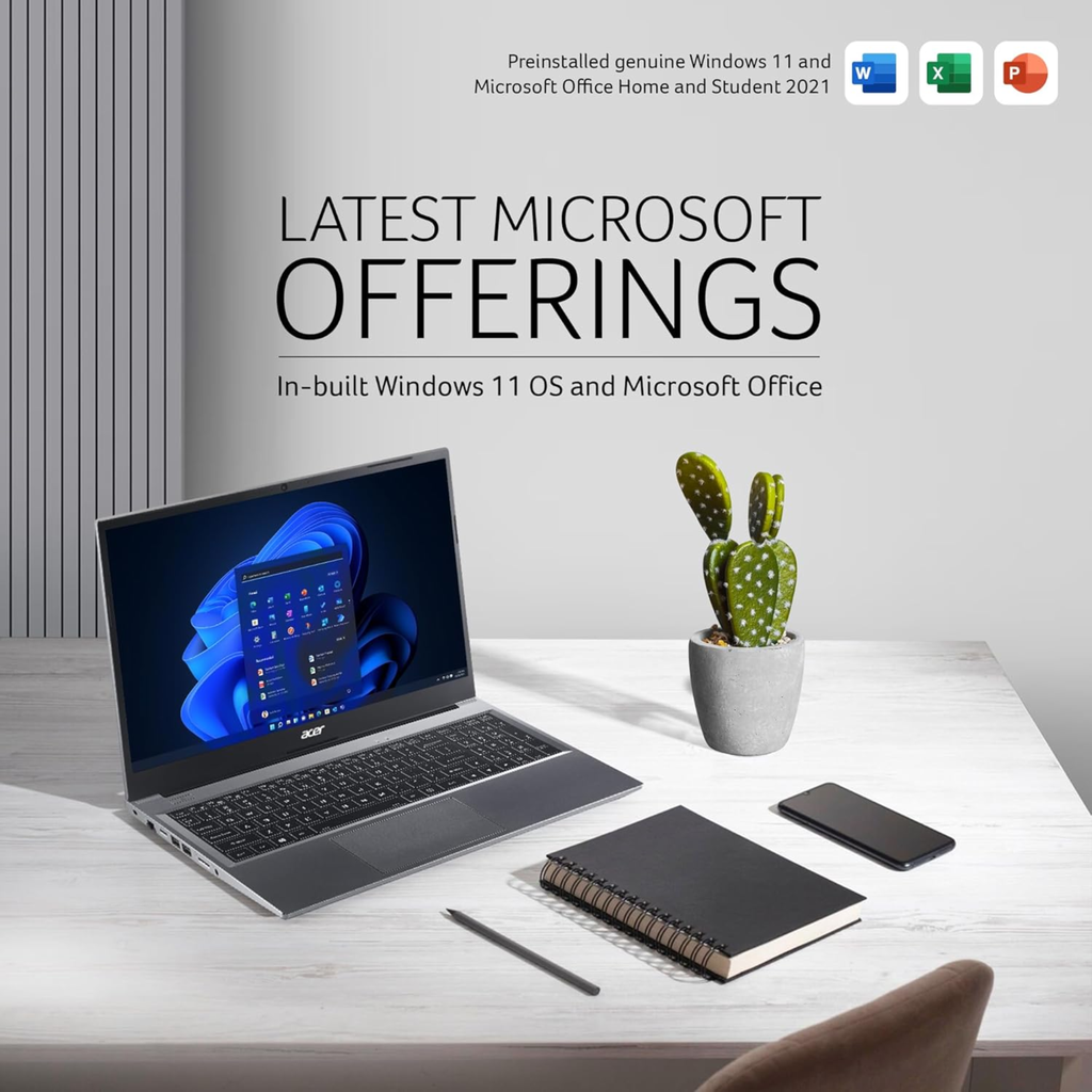 Acer Aspire Lite 15.6" FHD IPS Laptop - AMD Ryzen 3-5400U, 8GB RAM, 512GB SSD, Windows 11 Home, Premium Metal Body, MS Office 2024 (Steel Gray, 1.59kg, AL15-41)