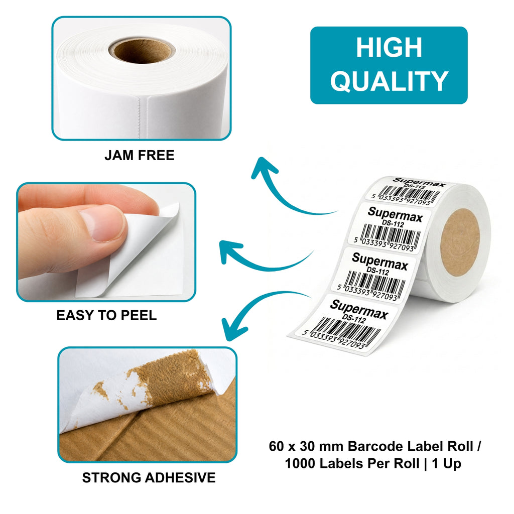 60x30mm Direct Thermal Barcode Label Roll | 1000 Labels Per Roll | 1 Up DT Sticker | Self Adhesive Shipping, POS & Logistics Labels