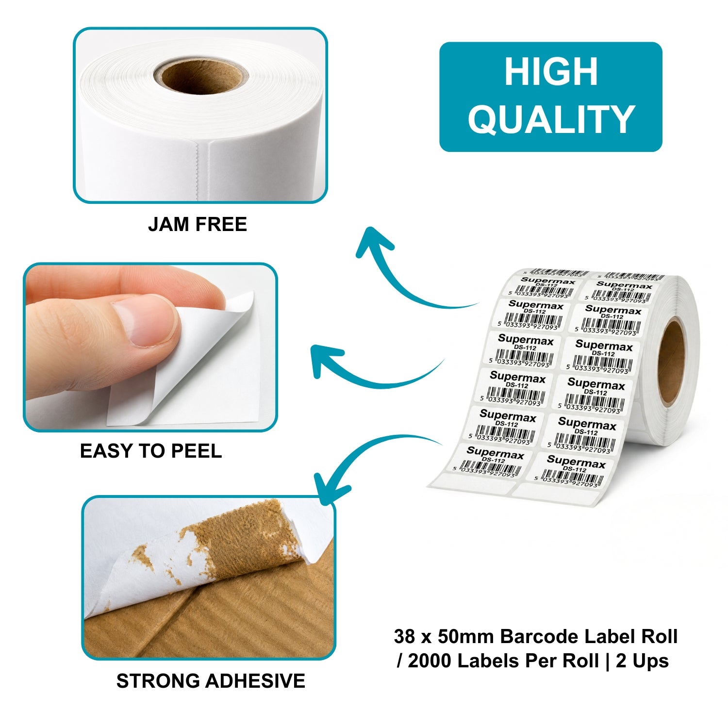 38x50mm Barcode Label Roll | 2000 Labels Per Roll | 2 Ups Chromo Paper Sticker | Self Adhesive Labels for POS, Retail & Shipping