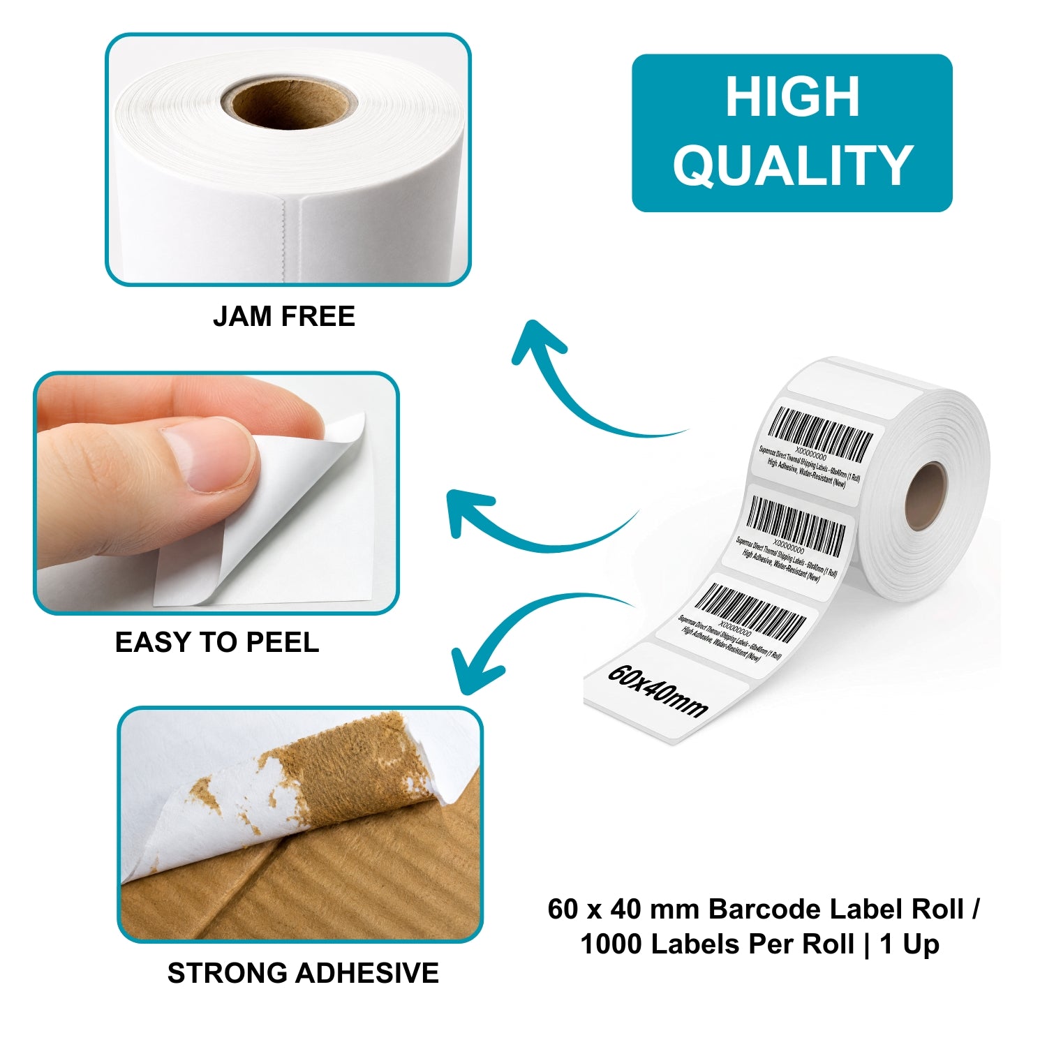 60x40mm Direct Thermal Barcode Label Roll | 1000 Labels Per Roll | 1 Up DT Sticker | Self Adhesive Shipping, POS & Logistics Labels