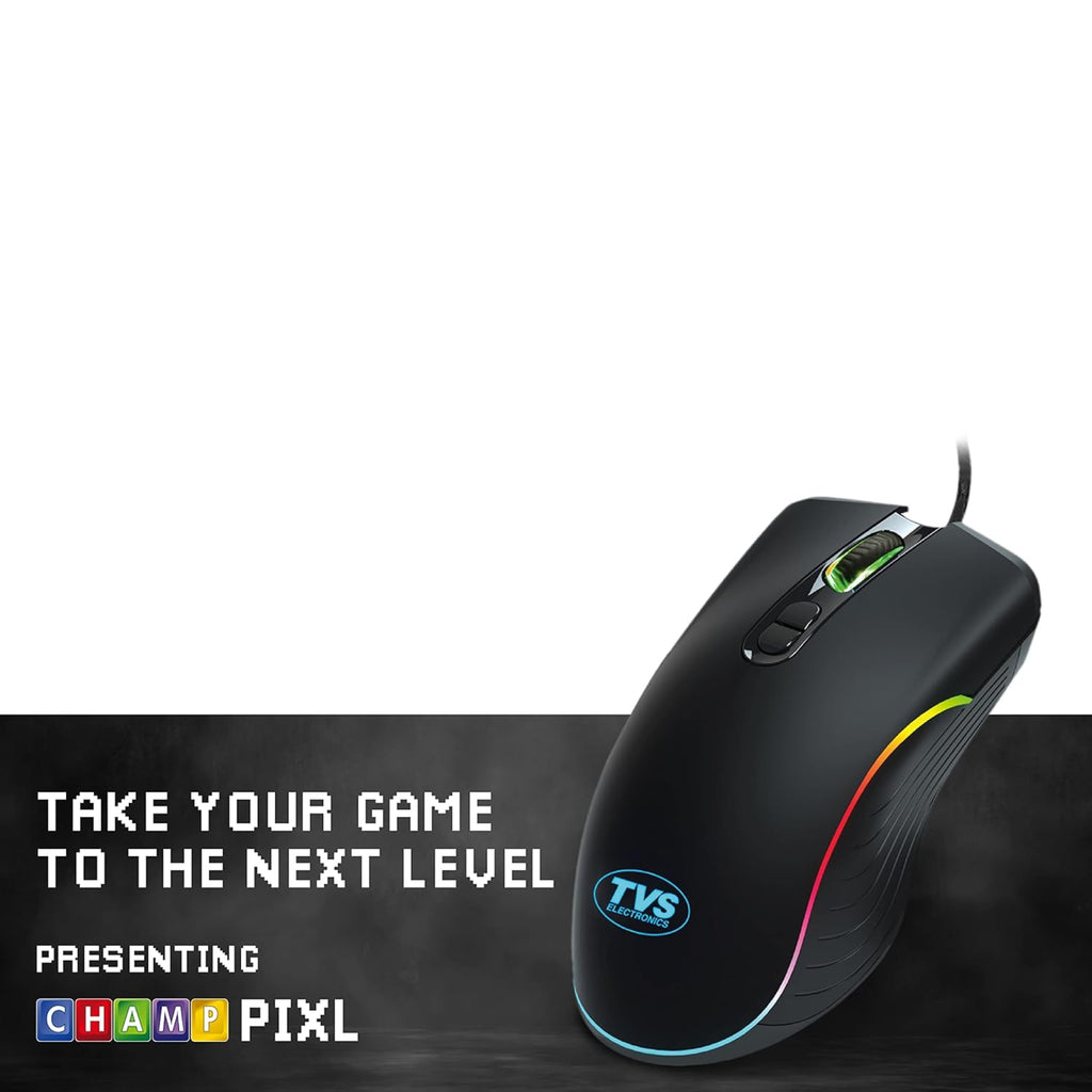 TVS Electronics Champ Pixel Wired Gaming Mouse – 12000 DPI, Running RGB LEDs, 7 Programmable Buttons, 220 IPS High Speed, Braided Cable (Black)