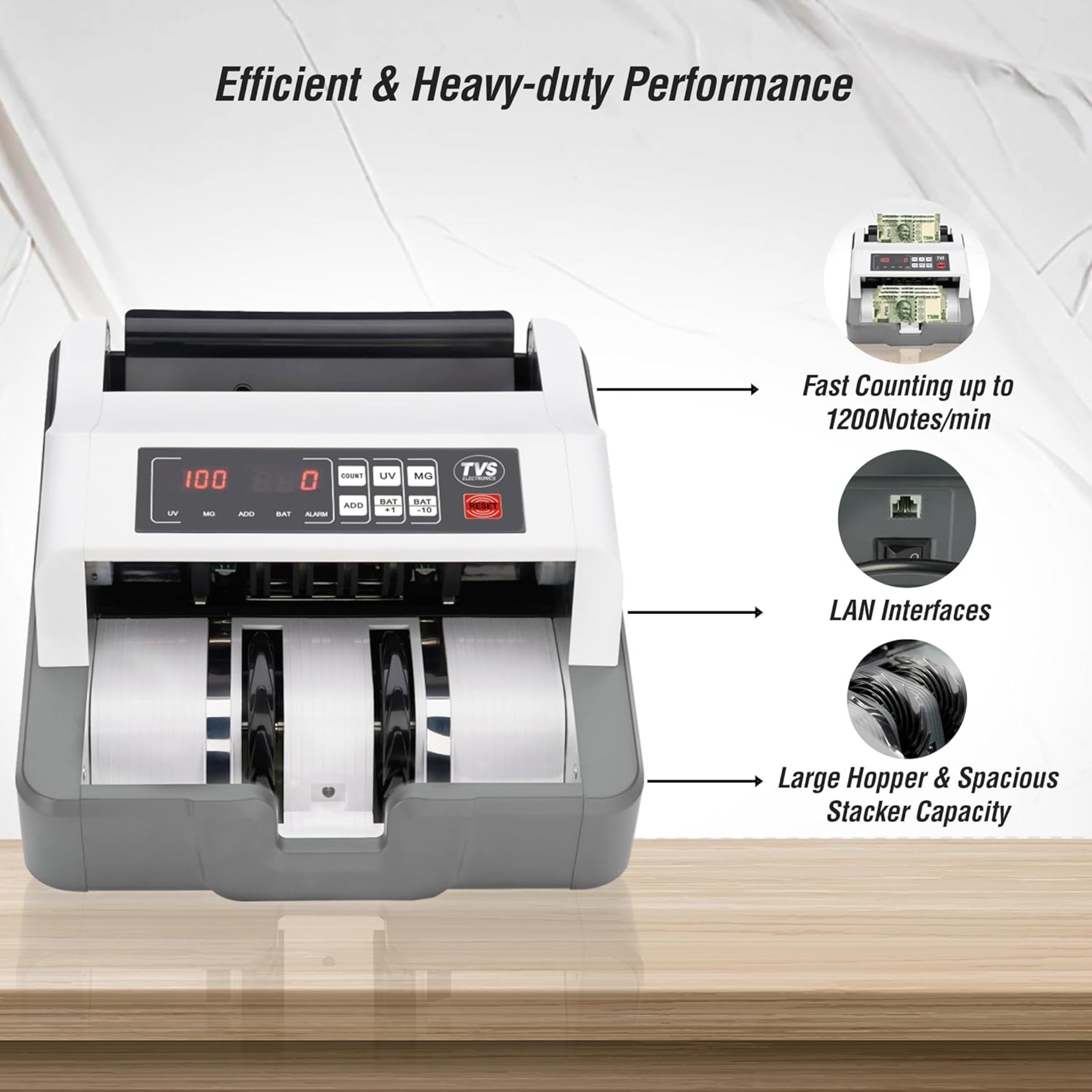 TVS Electronics CC-232 Classic Heavy-Duty Cash Counting Machine | 1200 Notes/Min High Speed | Advanced UV, MG & IR Fake Note Detection | Fully Automatic Money Counter for Indian Currency