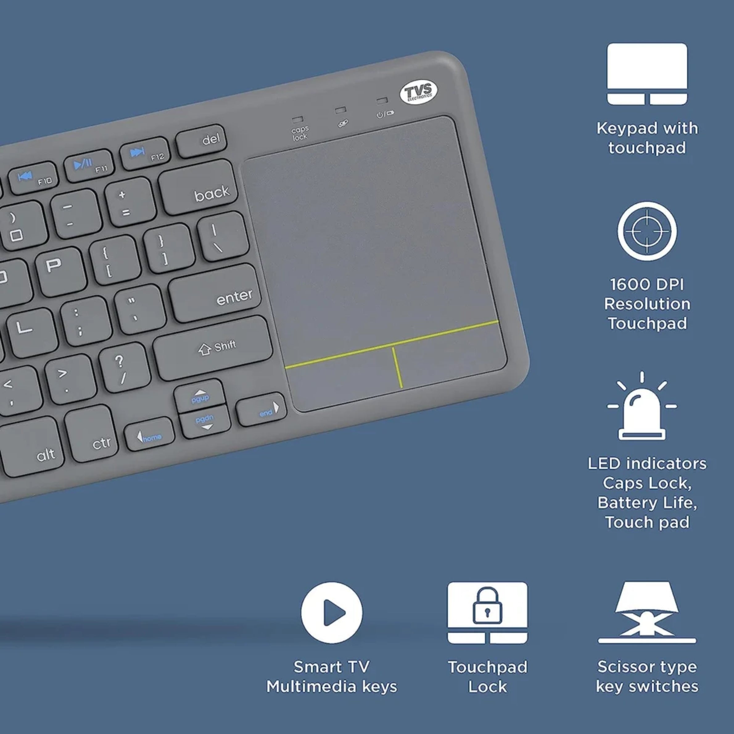 TVS Electronics Champ Smart Wireless Keyboard with Multi-Touch Trackpad | 2.4GHz USB Connectivity | 10m Range | Ergonomic Design for Smart TV, Laptop, HTPC & Android Box (Black)