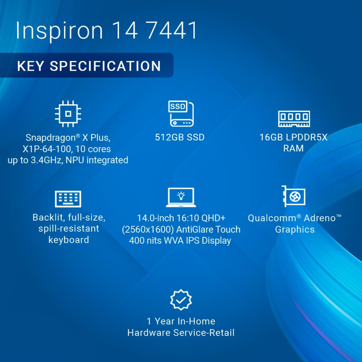 Dell Inspiron 7441 Plus AI Laptop | Snapdragon X Plus X1P-64-100 | 16GB LPDDR5X RAM | 512GB SSD | 14" QHD+ Touch Display | Qualcomm Adreno GPU | Windows 11 | Ice Blue
