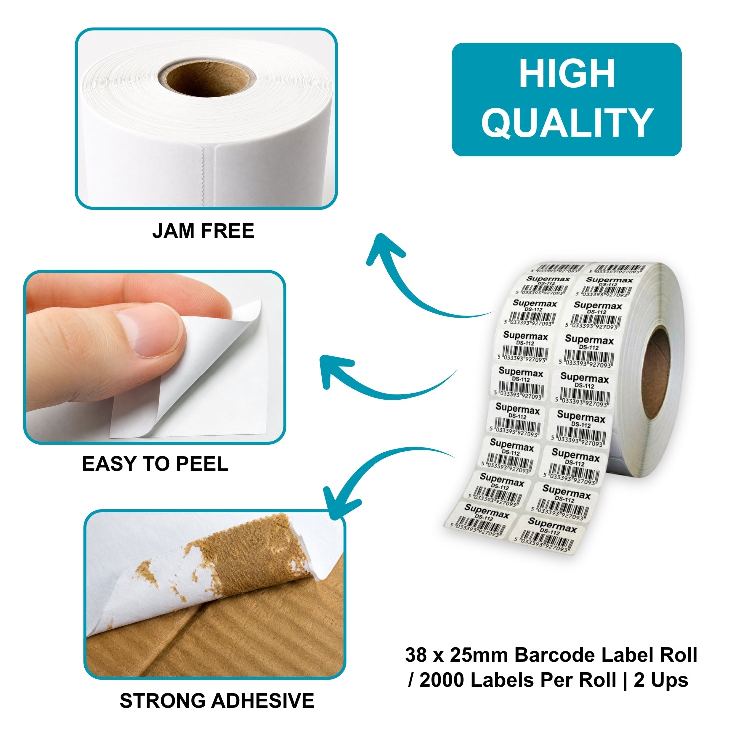 38x25mm Barcode Label Roll | 2000 Labels Per Roll | 2 Ups Chromo Paper Sticker | Self Adhesive POS, Retail & Shipping Labels