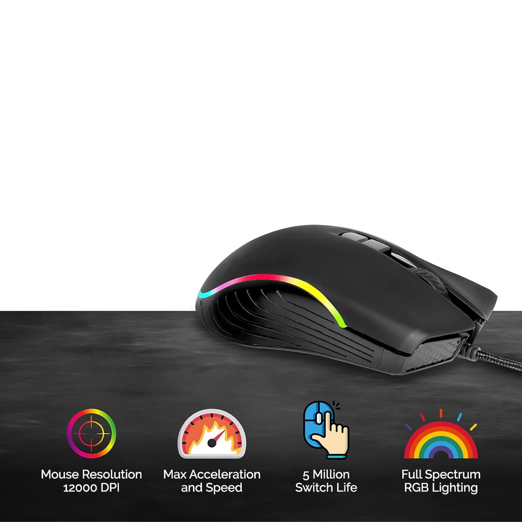 TVS Electronics Champ Pixel Wired Gaming Mouse – 12000 DPI, Running RGB LEDs, 7 Programmable Buttons, 220 IPS High Speed, Braided Cable (Black)