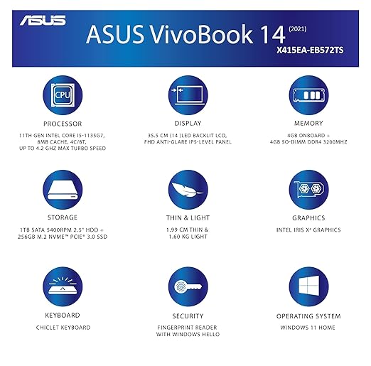 ASUS Vivobook 14, Intel Core i5-1135G7 X1400EA-EK543WS Thin and Light Laptop
